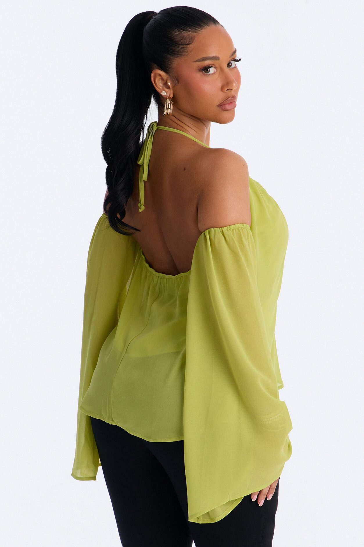 Maren Cold Shoulder Chiffon Blouse - Chartreuse