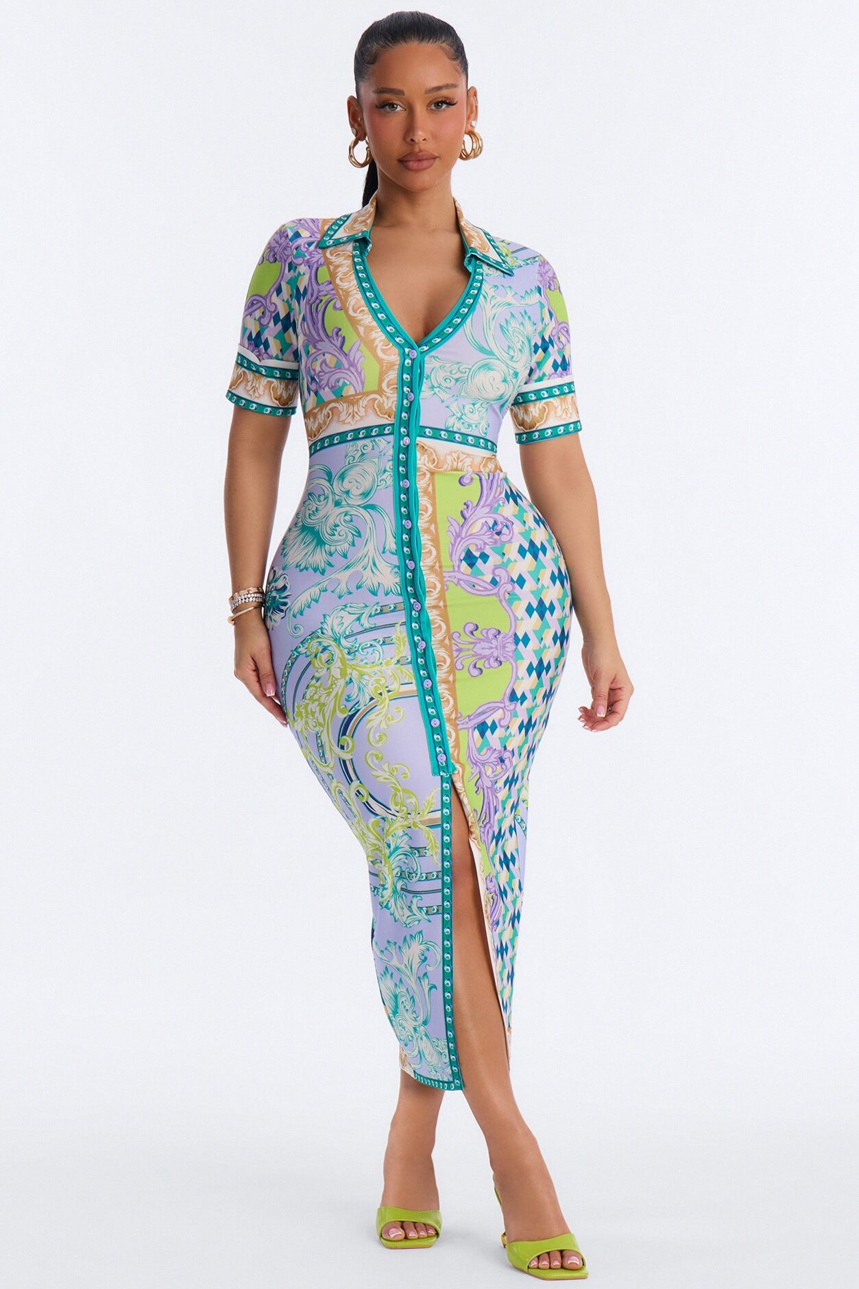 Caitlin Button Up Printed Midi Dress - Green/combo
