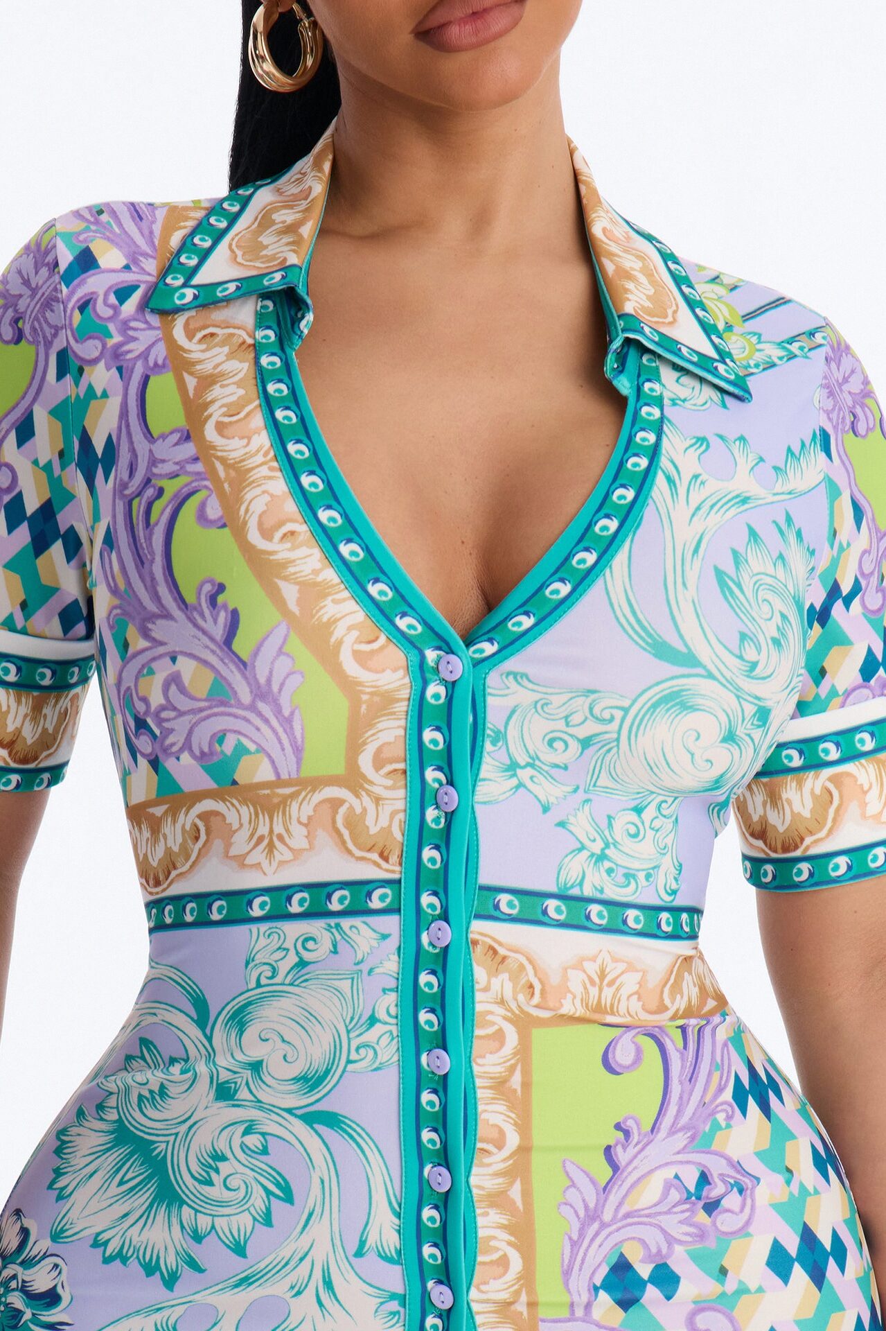 Caitlin Button Up Printed Midi Dress - Green/combo