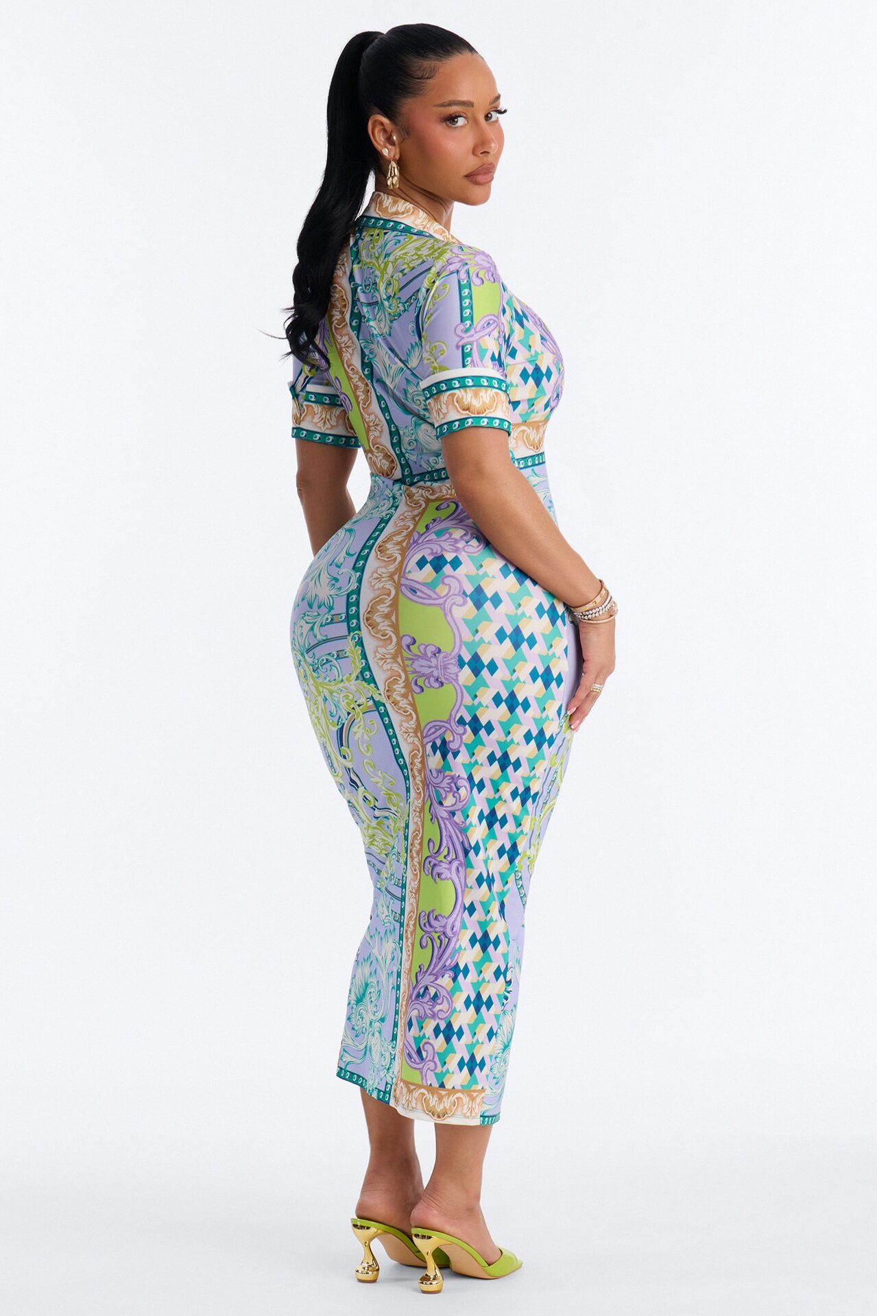 Caitlin Button Up Printed Midi Dress - Green/combo