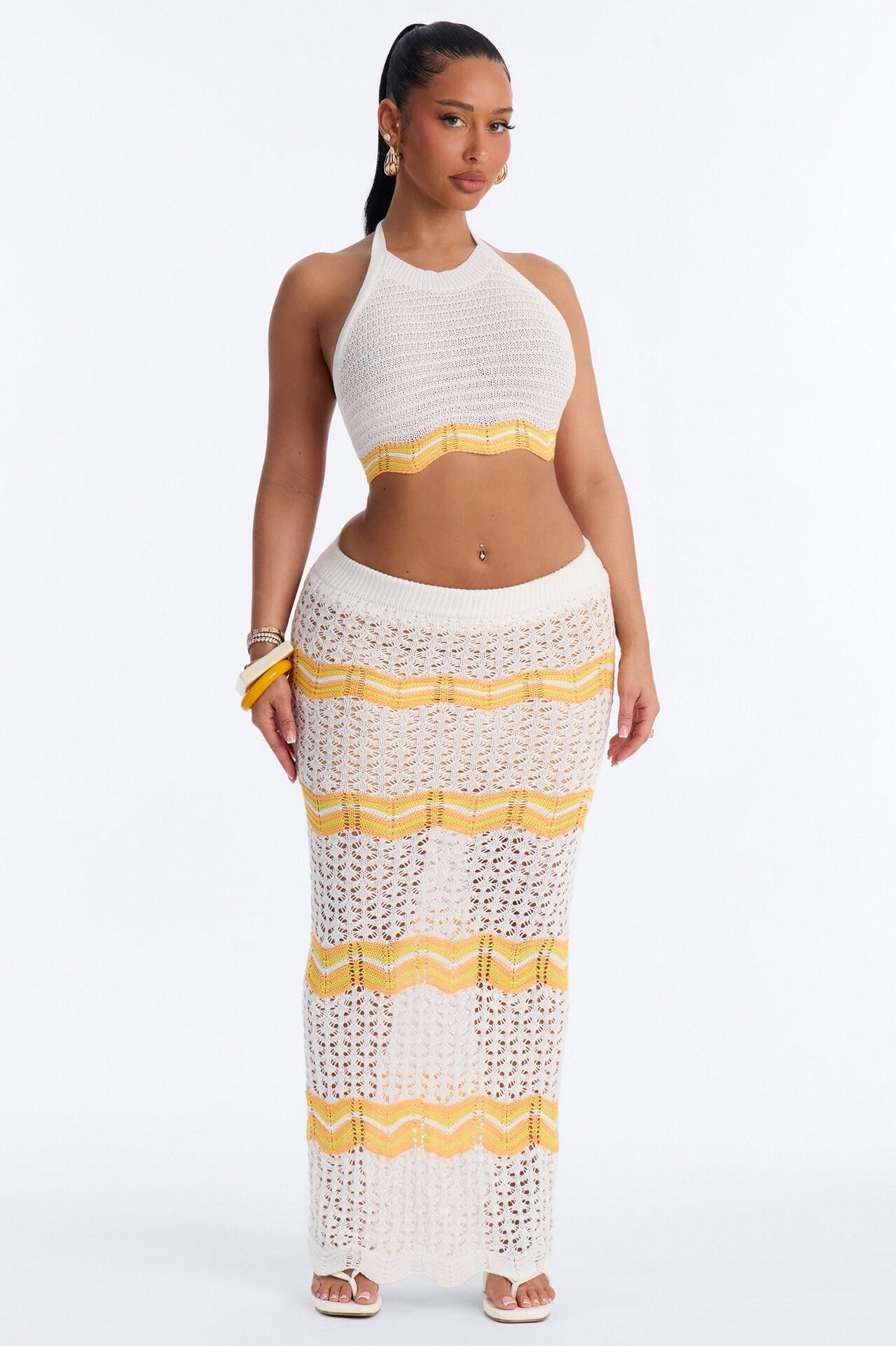 Golden Waves Halter Crochet Skirt Set - White/combo