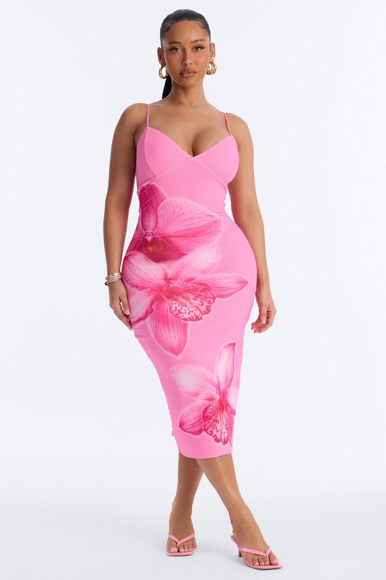 Ansley Floral Mesh Midi Dress - Pink