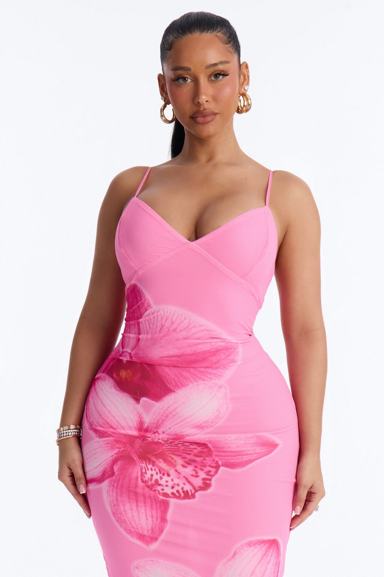 Ansley Floral Mesh Midi Dress - Pink