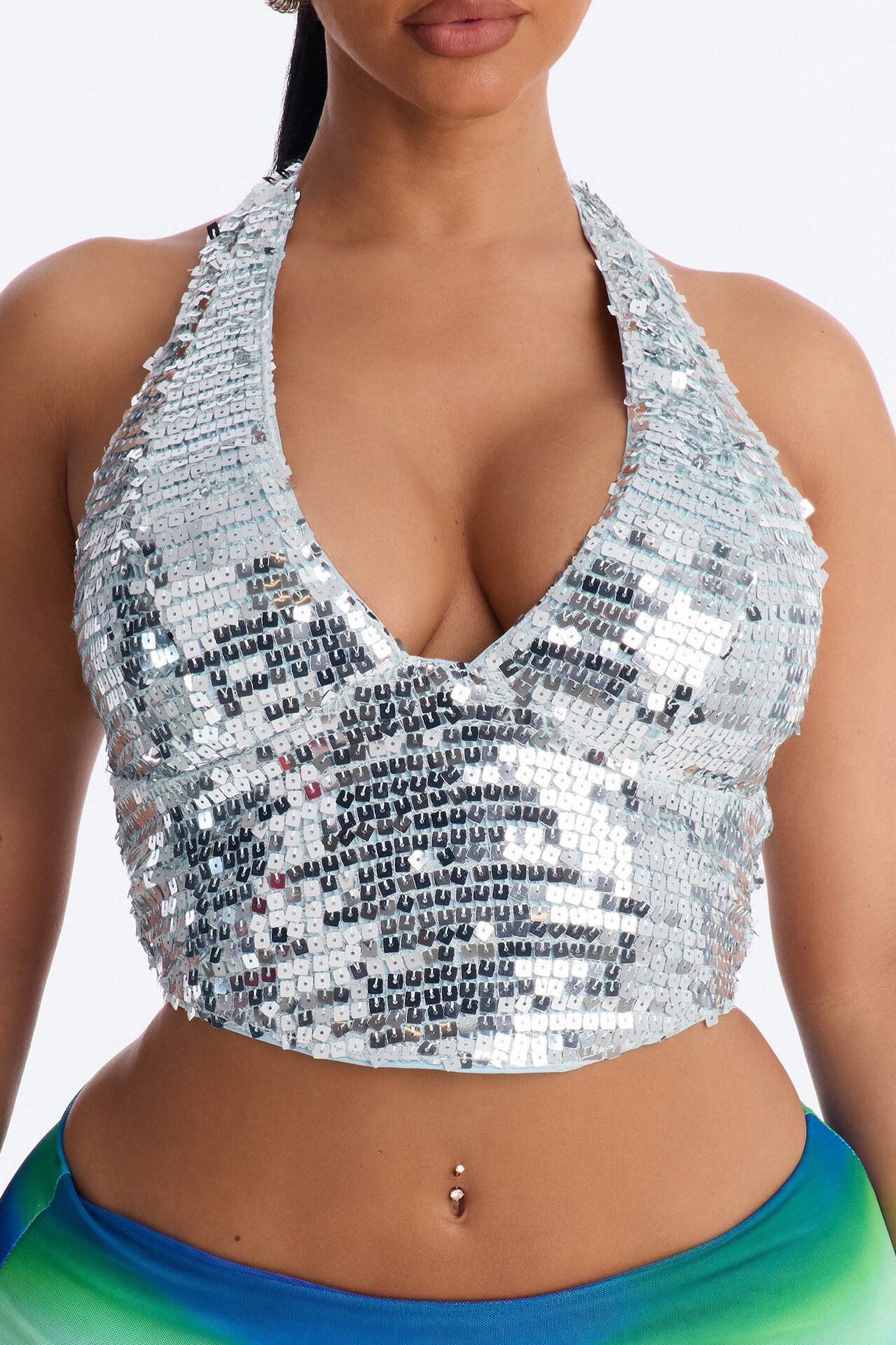Kona Island Sequin Lace Up Halter Top - Blue