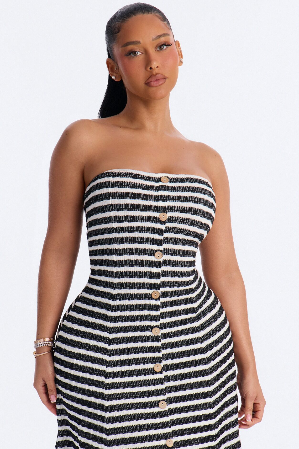 Celia Striped Textured Midi Dress - Black/White