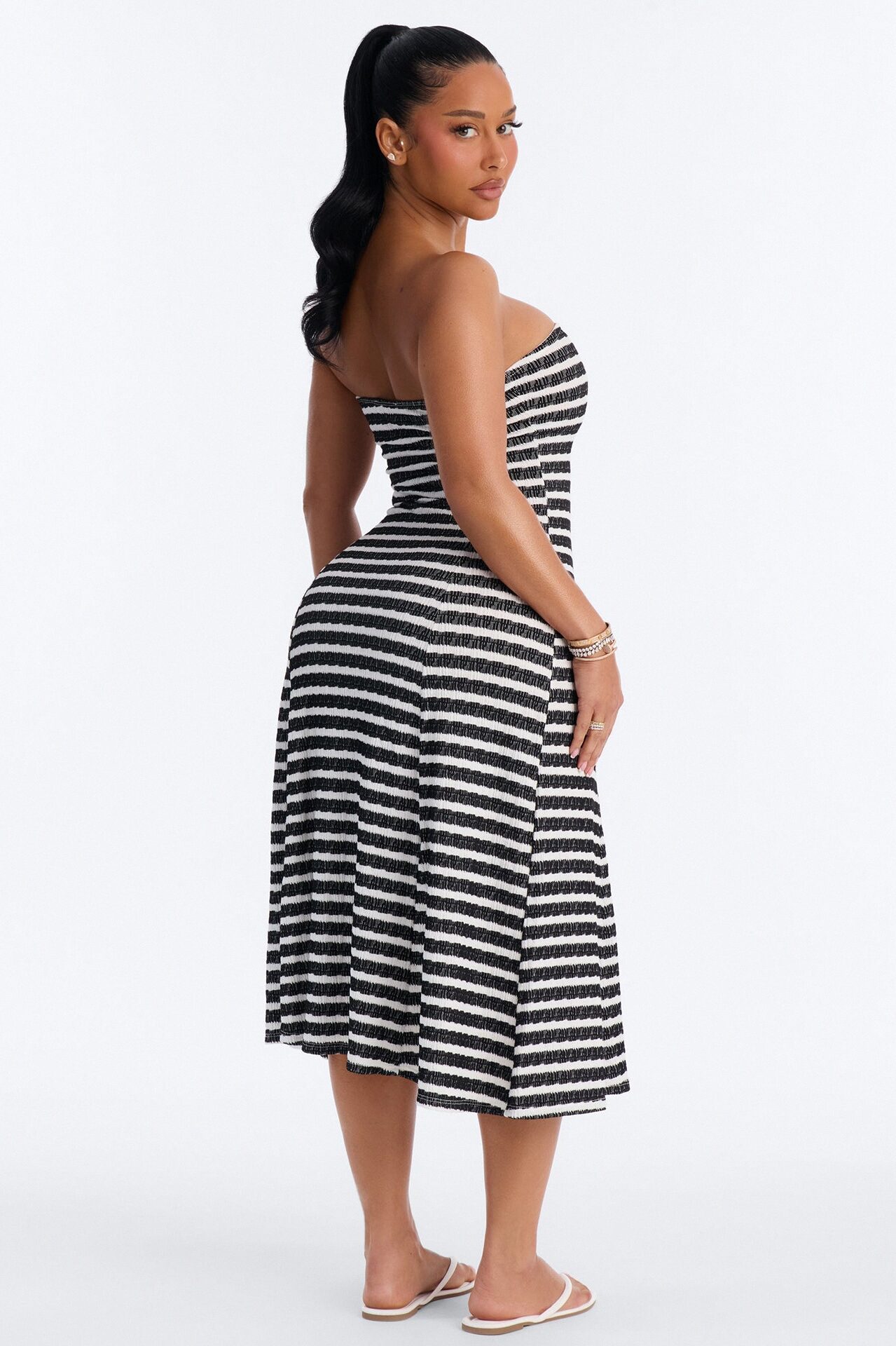Celia Striped Textured Midi Dress - Black/White