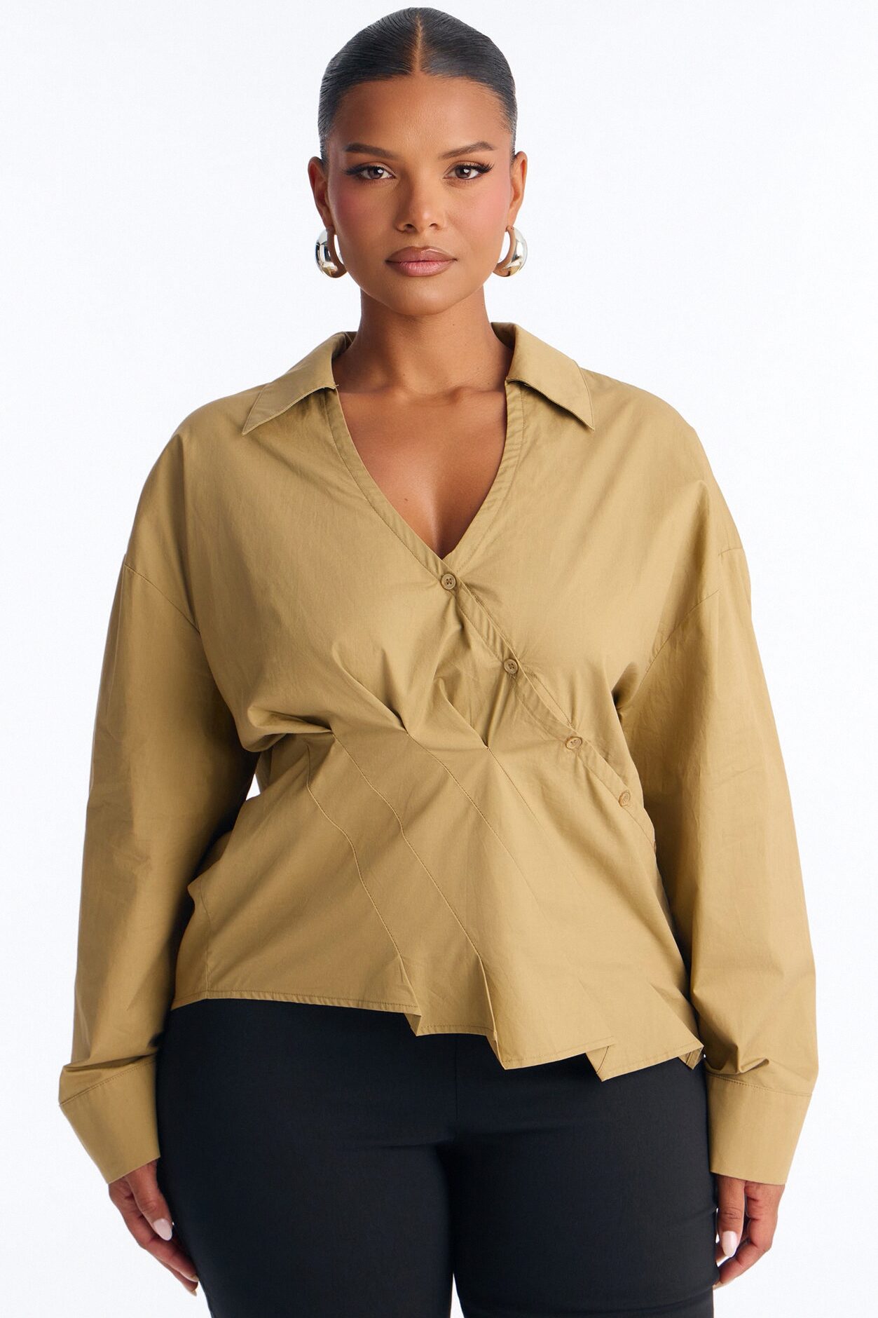 Stepping Out Asymmetrical Poplin Shirt - Military Green