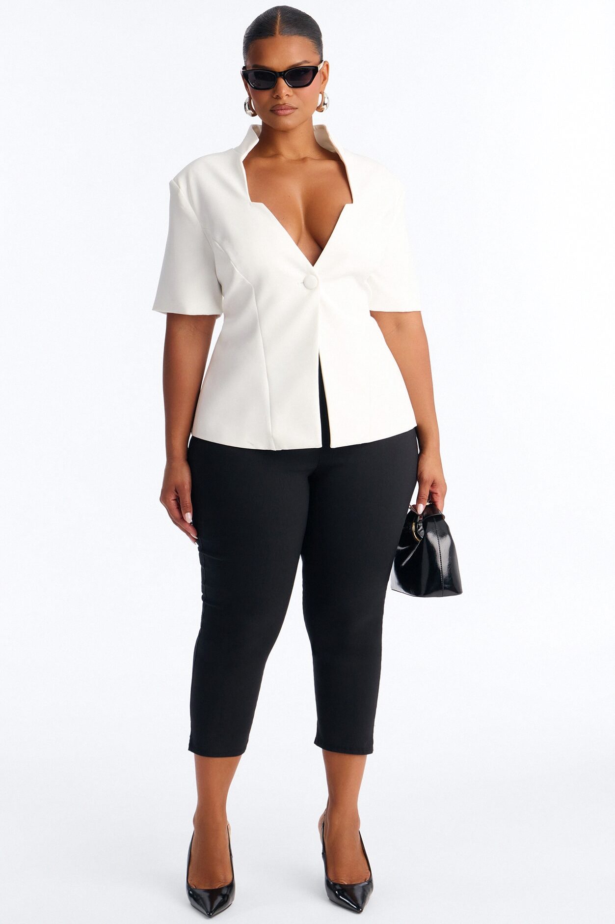 Gemini Dreams Stand Collar Short Sleeve Blazer - White