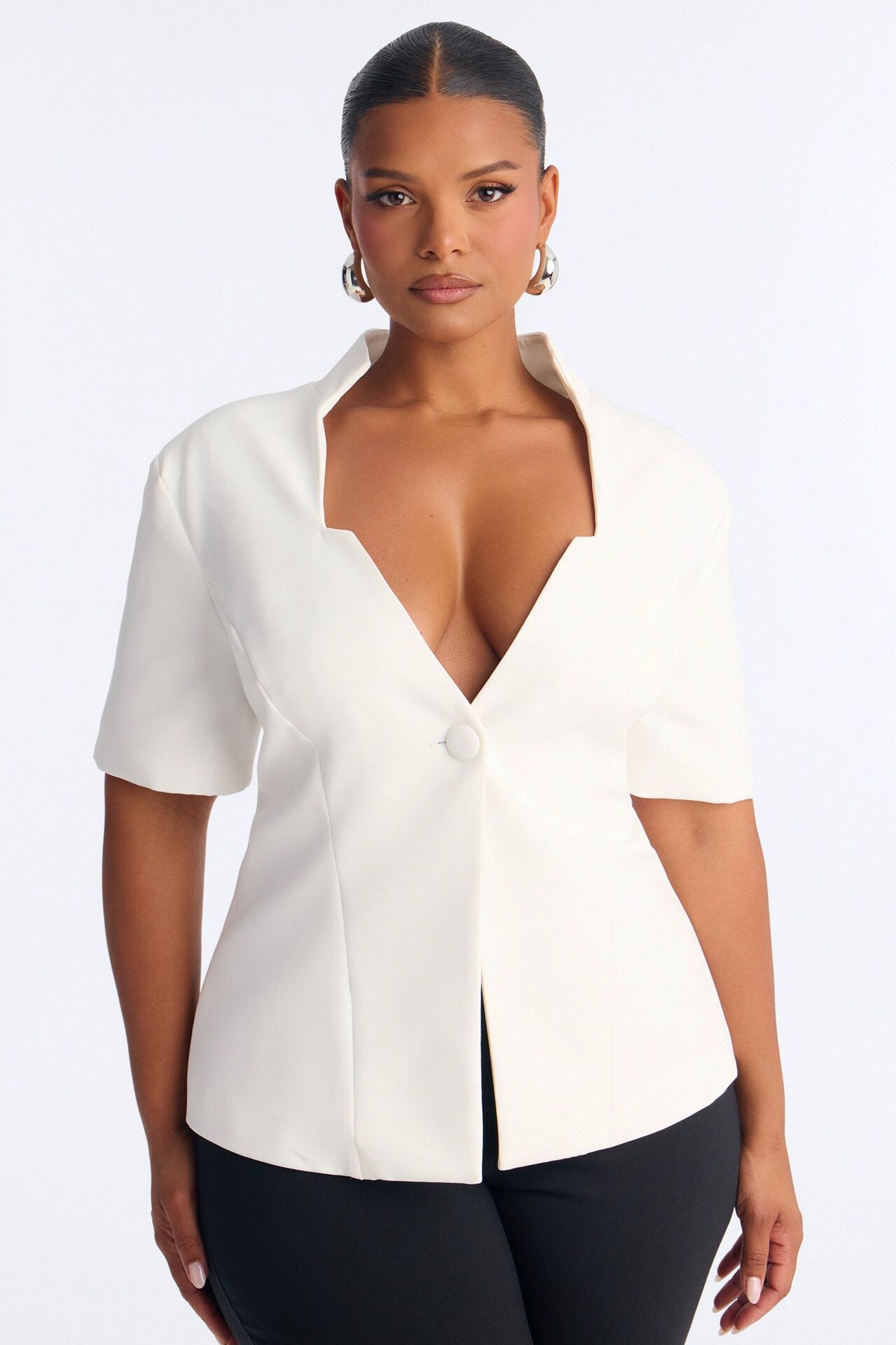 Gemini Dreams Stand Collar Short Sleeve Blazer - White
