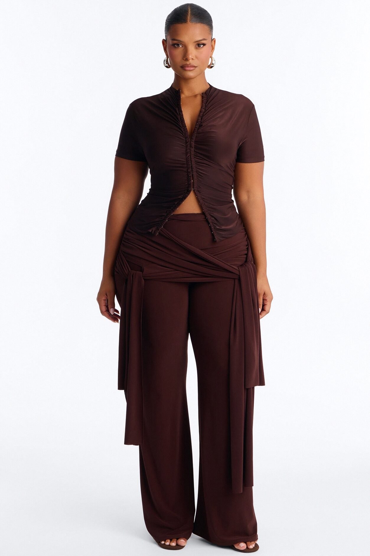 Sakura High Rise Tie Waist Flare Pants - Chocolate