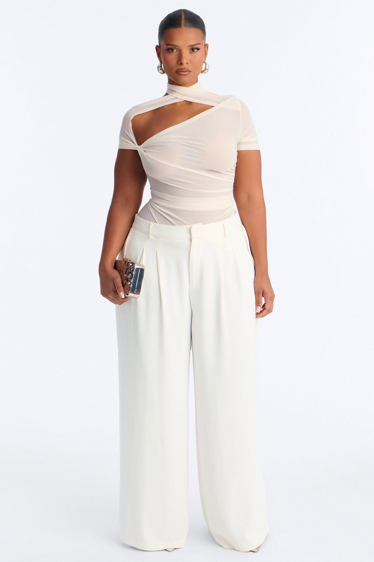 Sophie Power Mesh Twist Short Sleeve Top - Bone
