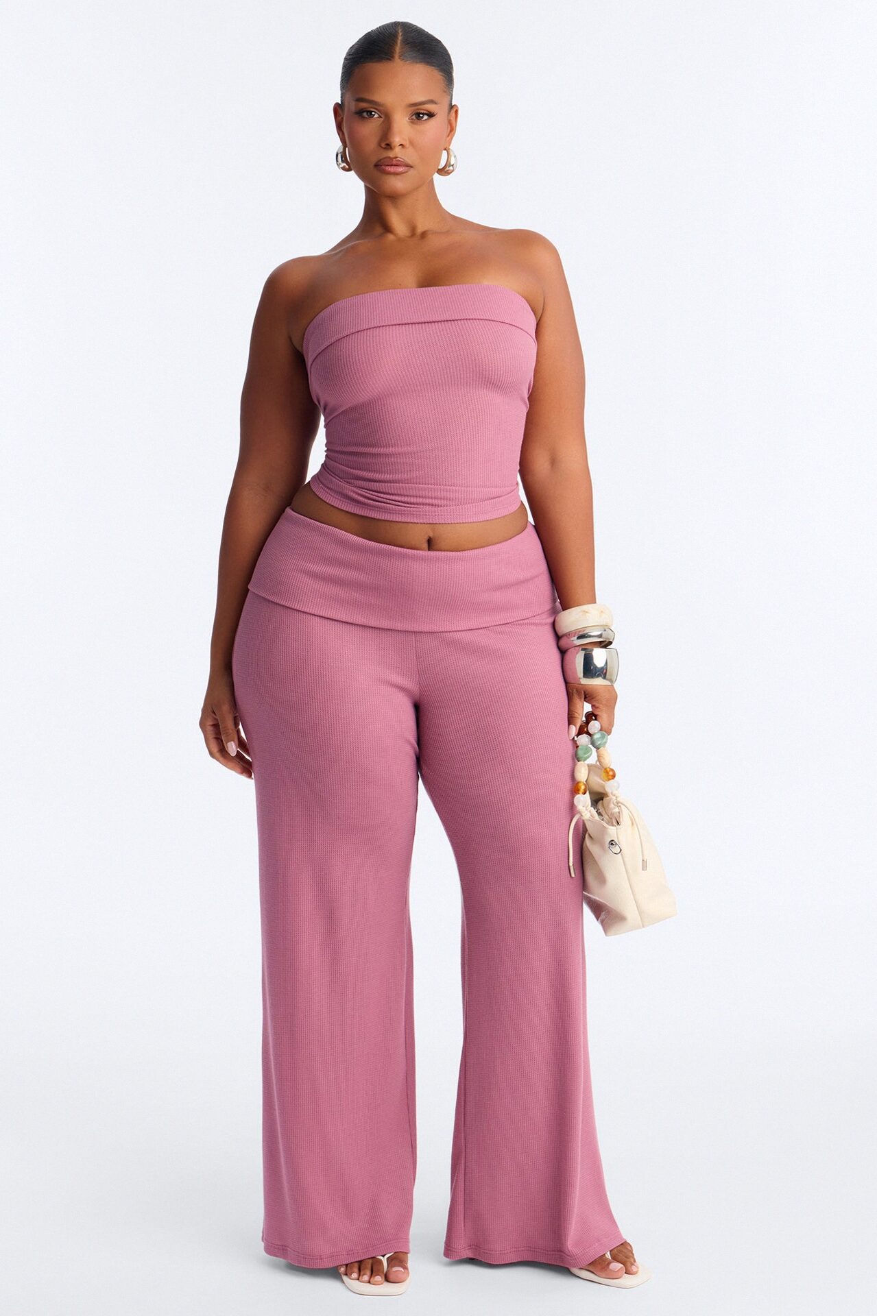 Megan Waffle Knit Foldover Waist Pant Set - Mauve