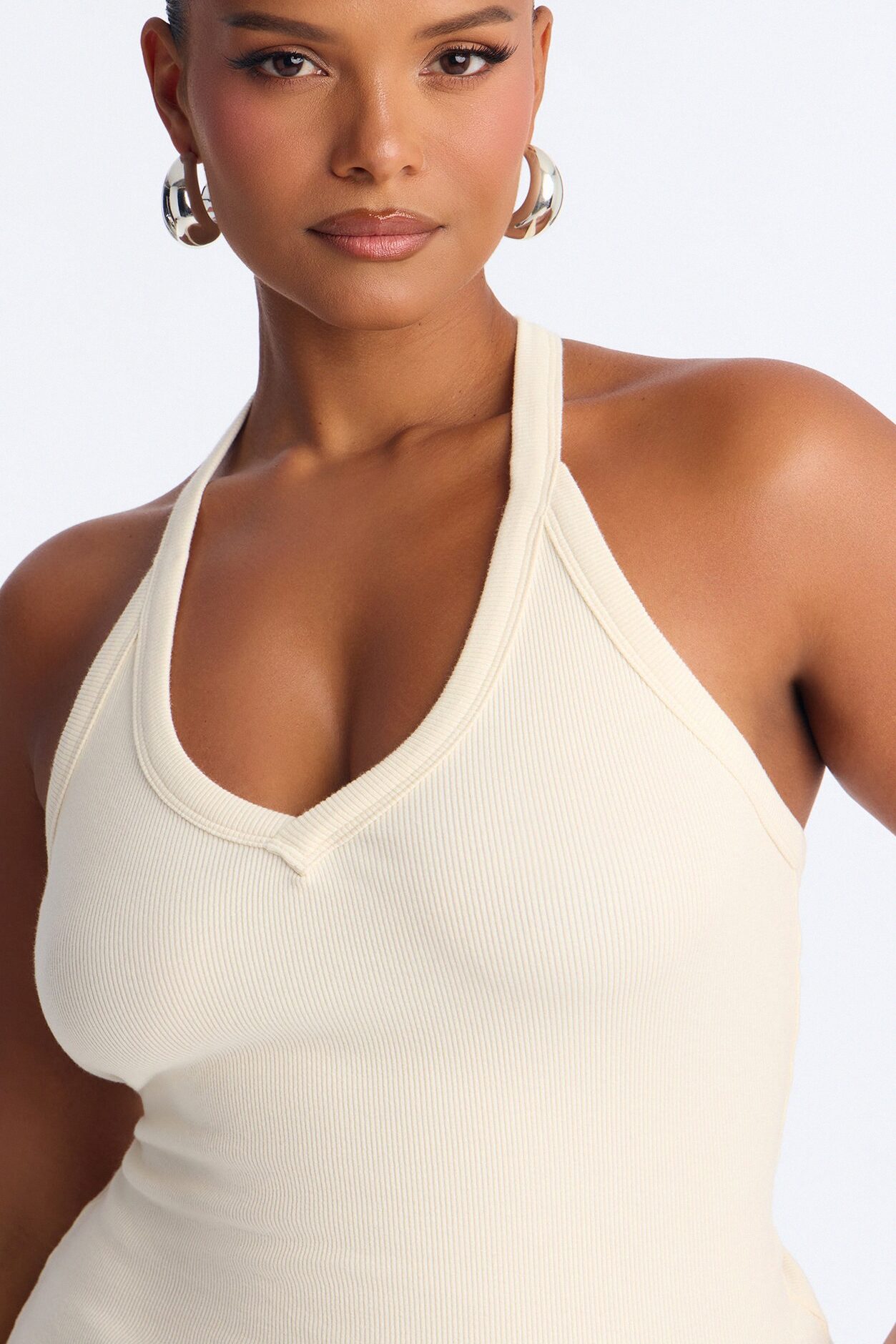 Kimberly Rib V-Neck Racerback Sleeveless Top - Cream