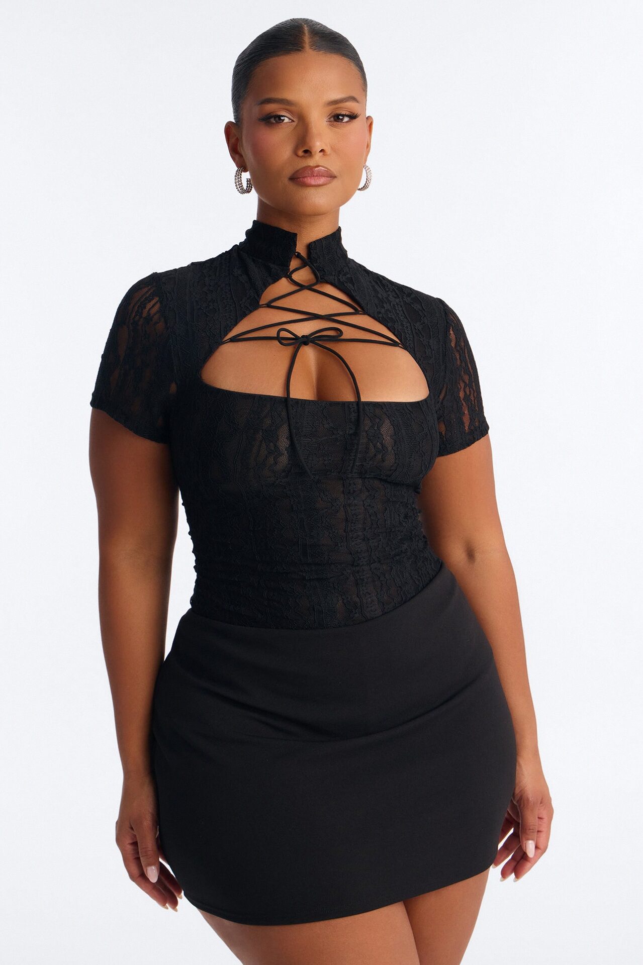 Lianne Lace Mock Neck Bodysuit - Black
