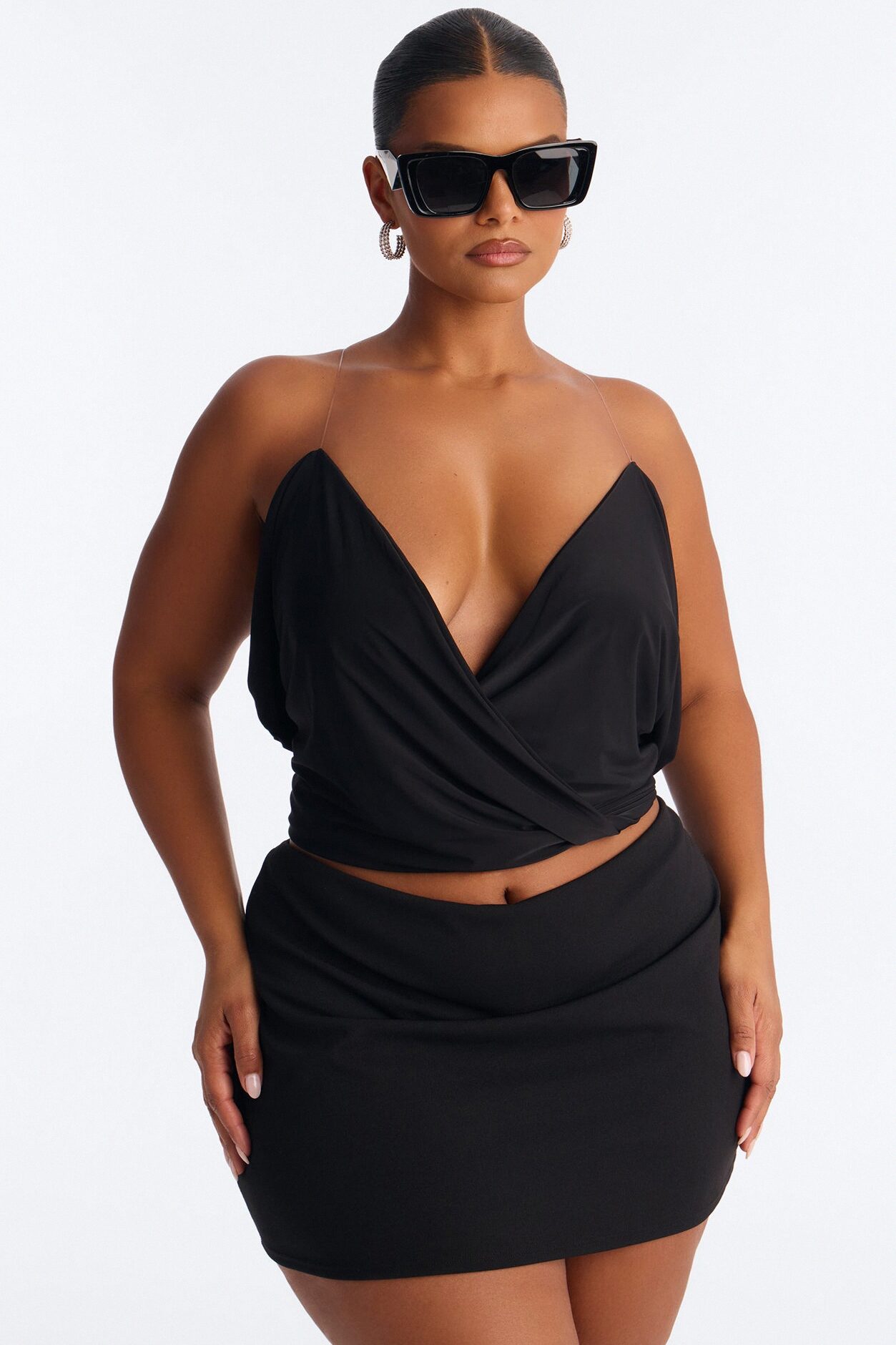 Janet Draped Invisible Strap Tank Top - Black