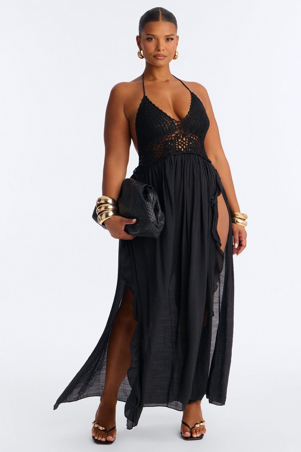 Loren Cover Up Crochet Halter Maxi Dress - Black