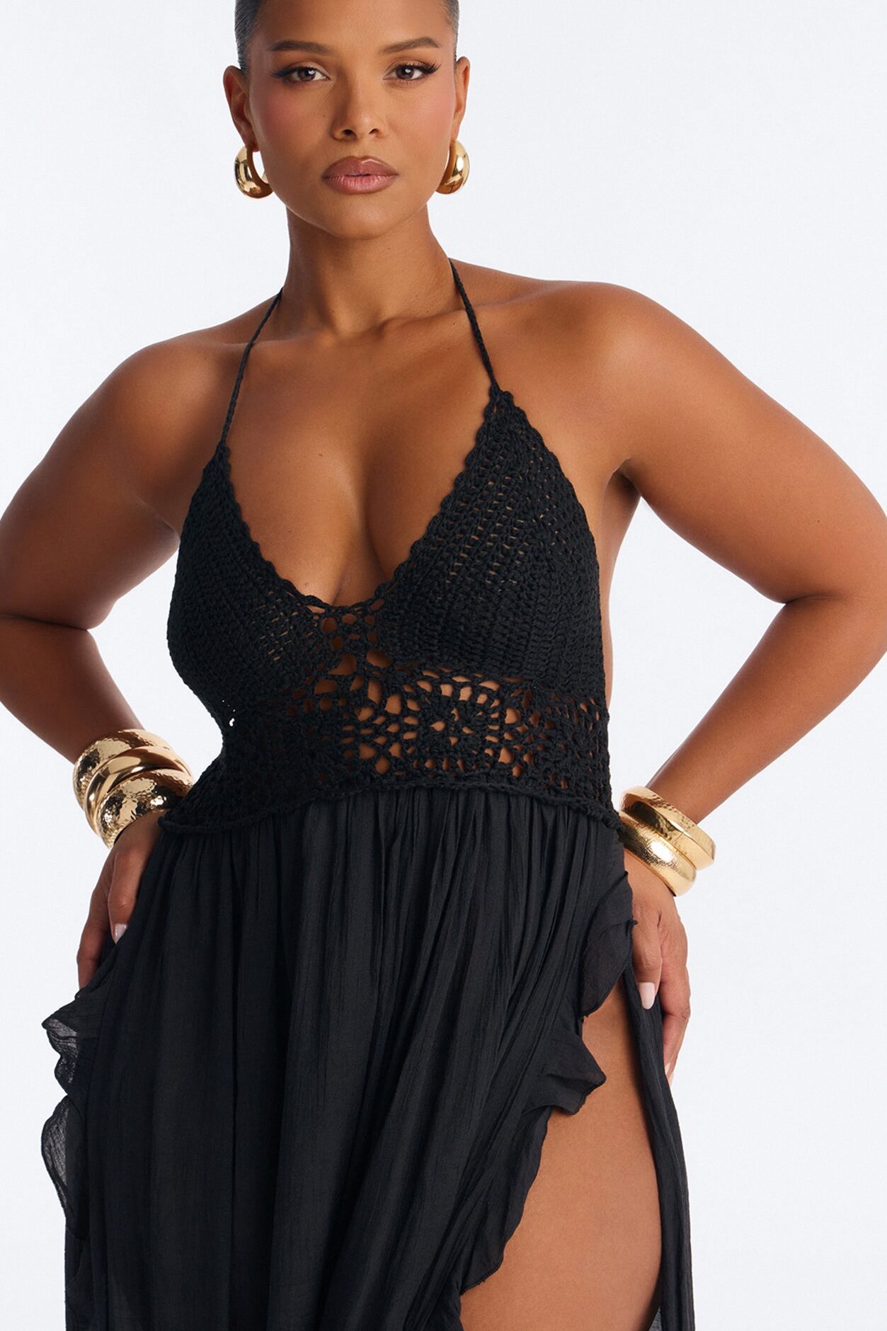 Loren Cover Up Crochet Halter Maxi Dress - Black