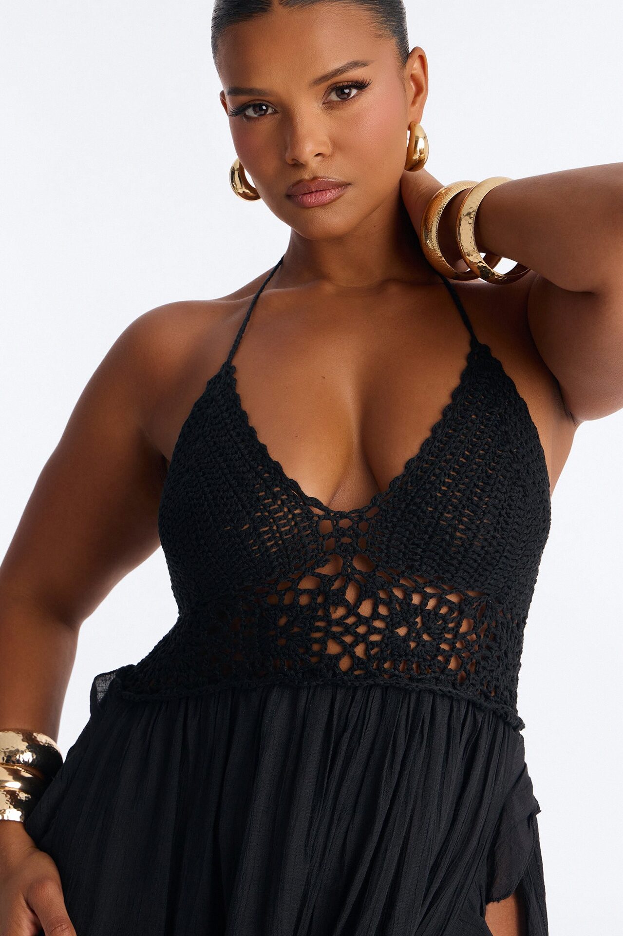 Loren Cover Up Crochet Halter Maxi Dress - Black
