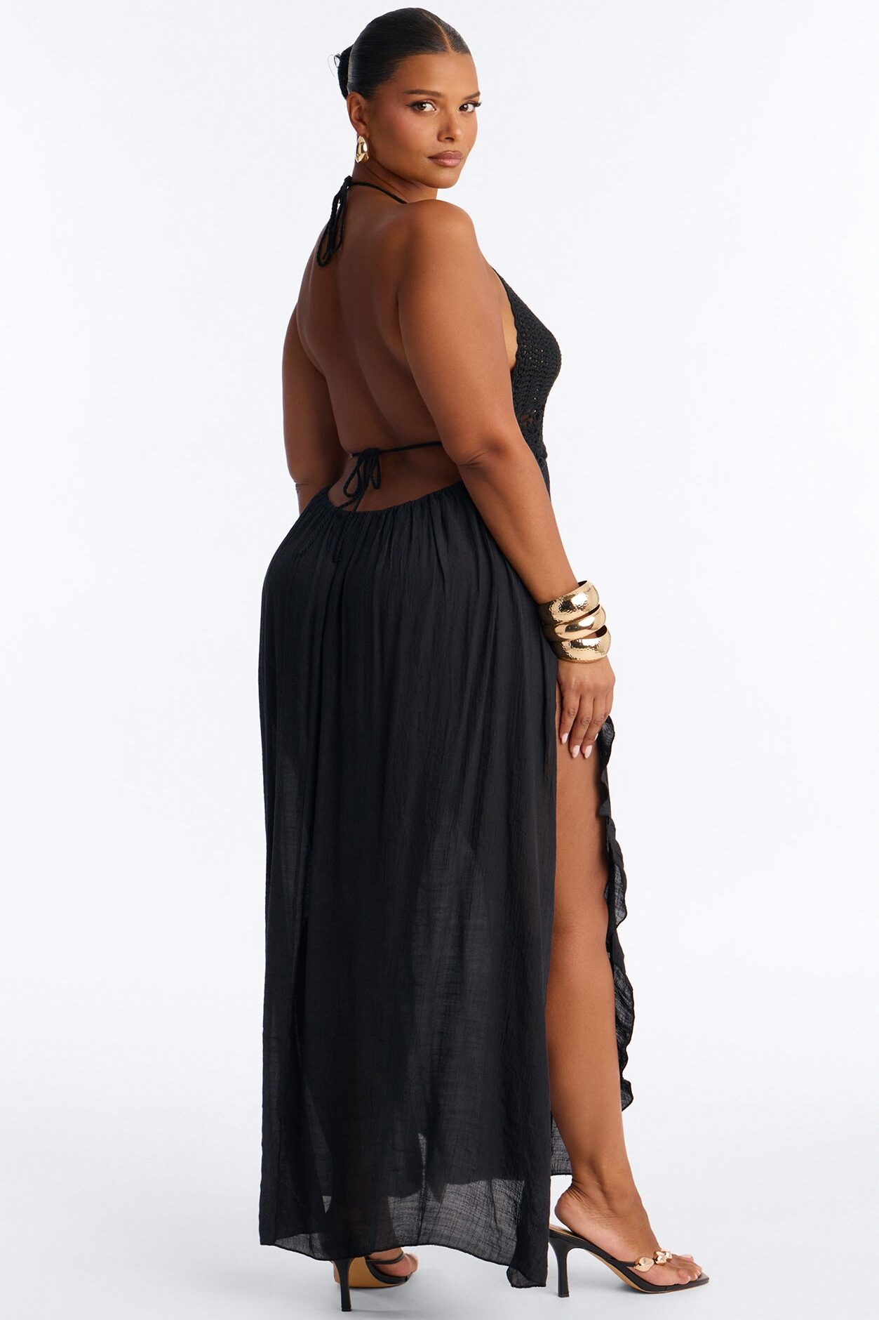 Loren Cover Up Crochet Halter Maxi Dress - Black
