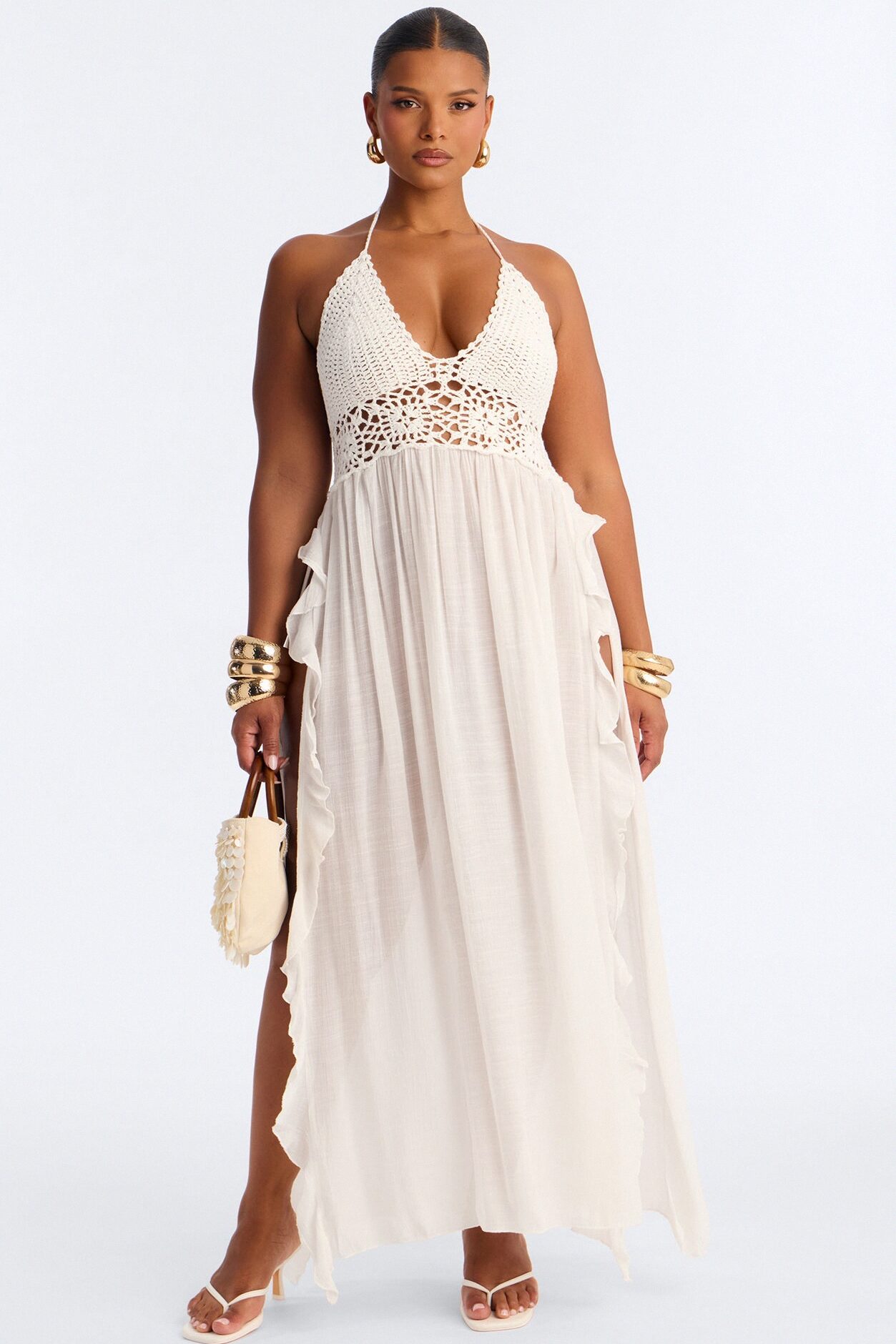 Loren Cover Up Crochet Halter Maxi Dress - White