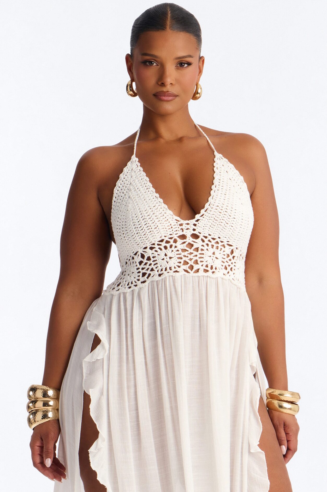 Loren Cover Up Crochet Halter Maxi Dress - White