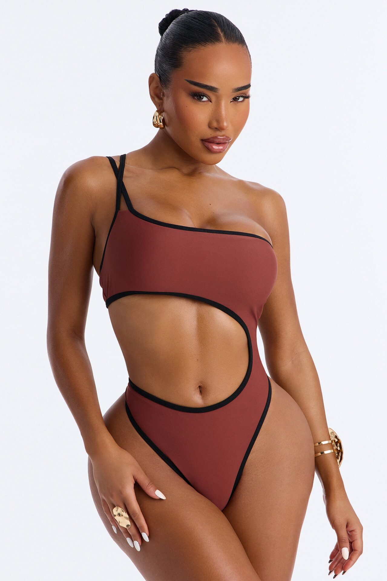 Riviera Ready 1 Piece One Shoulder Cut Out Swimsuit - Brown/combo
