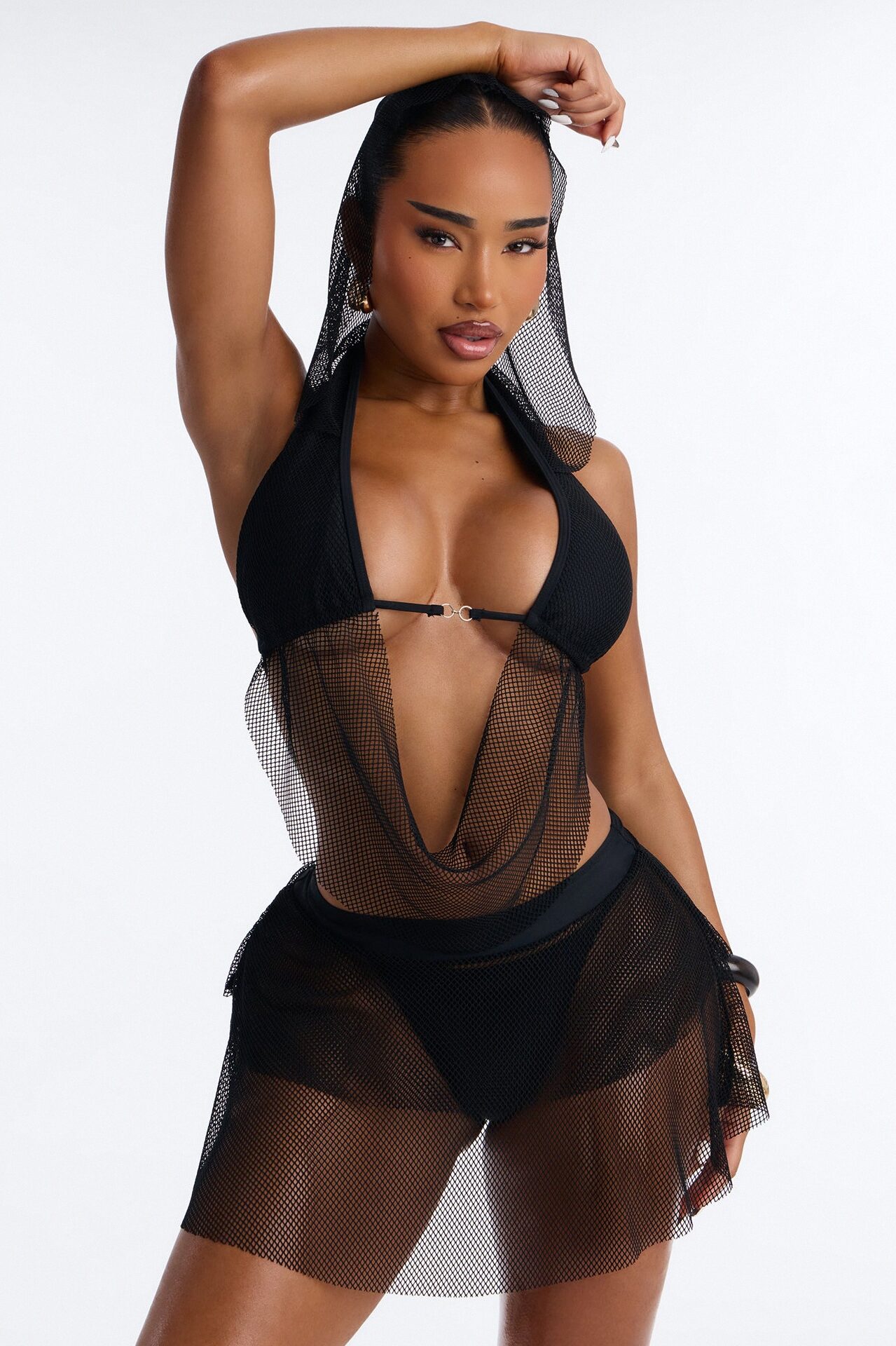 Sasha 3 Piece Fishnet Hooded Bikini & Cover Up Micro Mini Skirt Sunsuit - Black