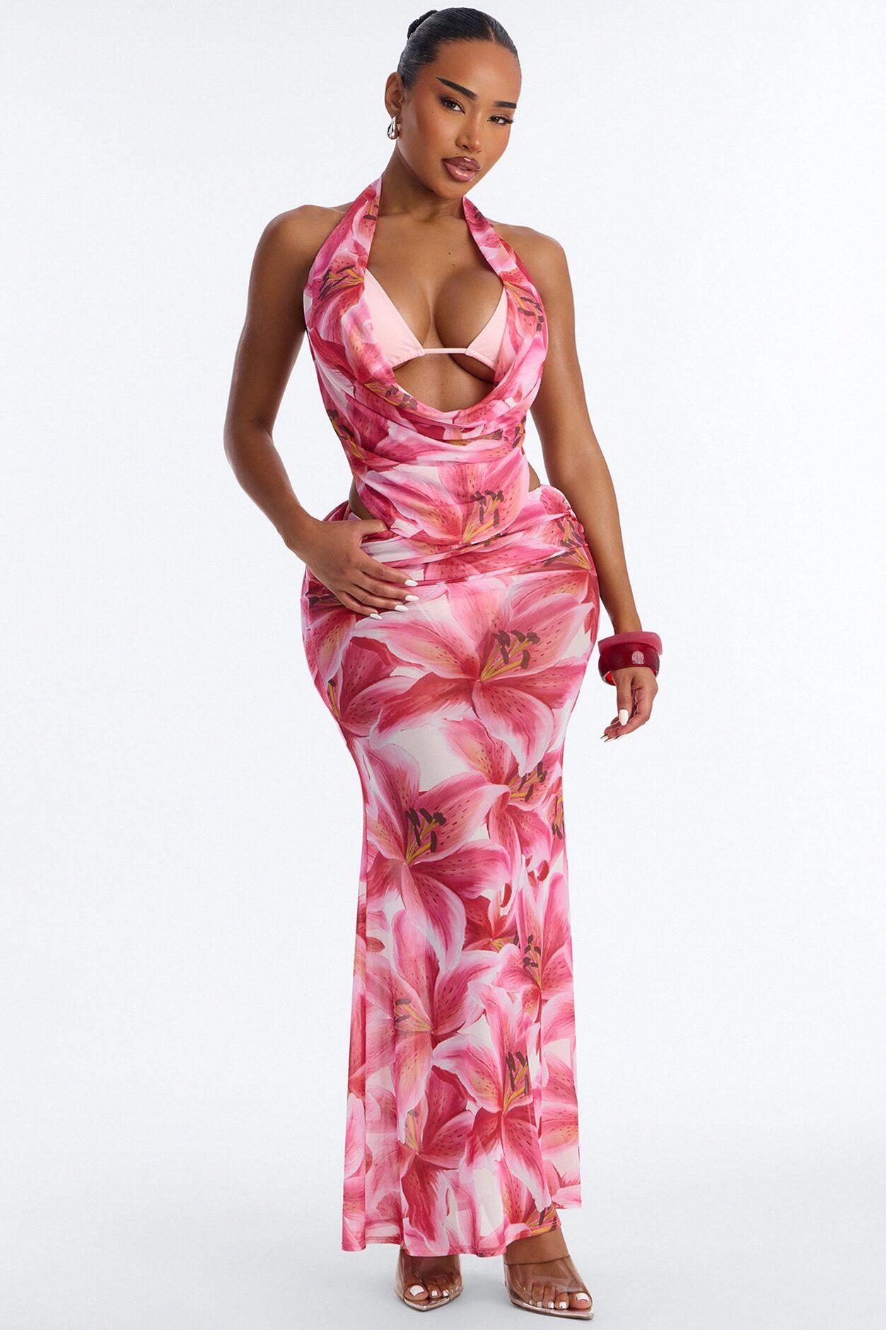 Allegra Floral 4 Piece Cowl Neck Sunsuit - Pink/combo