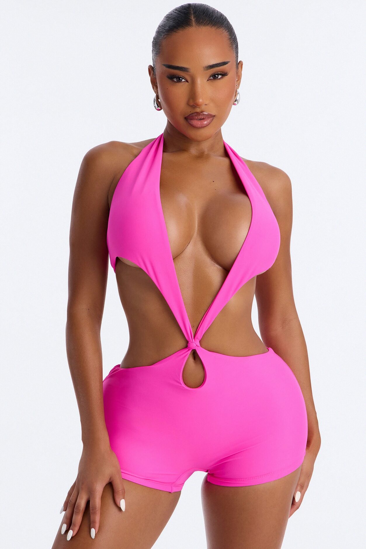 Unforgettable 1 Piece Plunge Cut Out Swimsuit Romper - Fuchsia