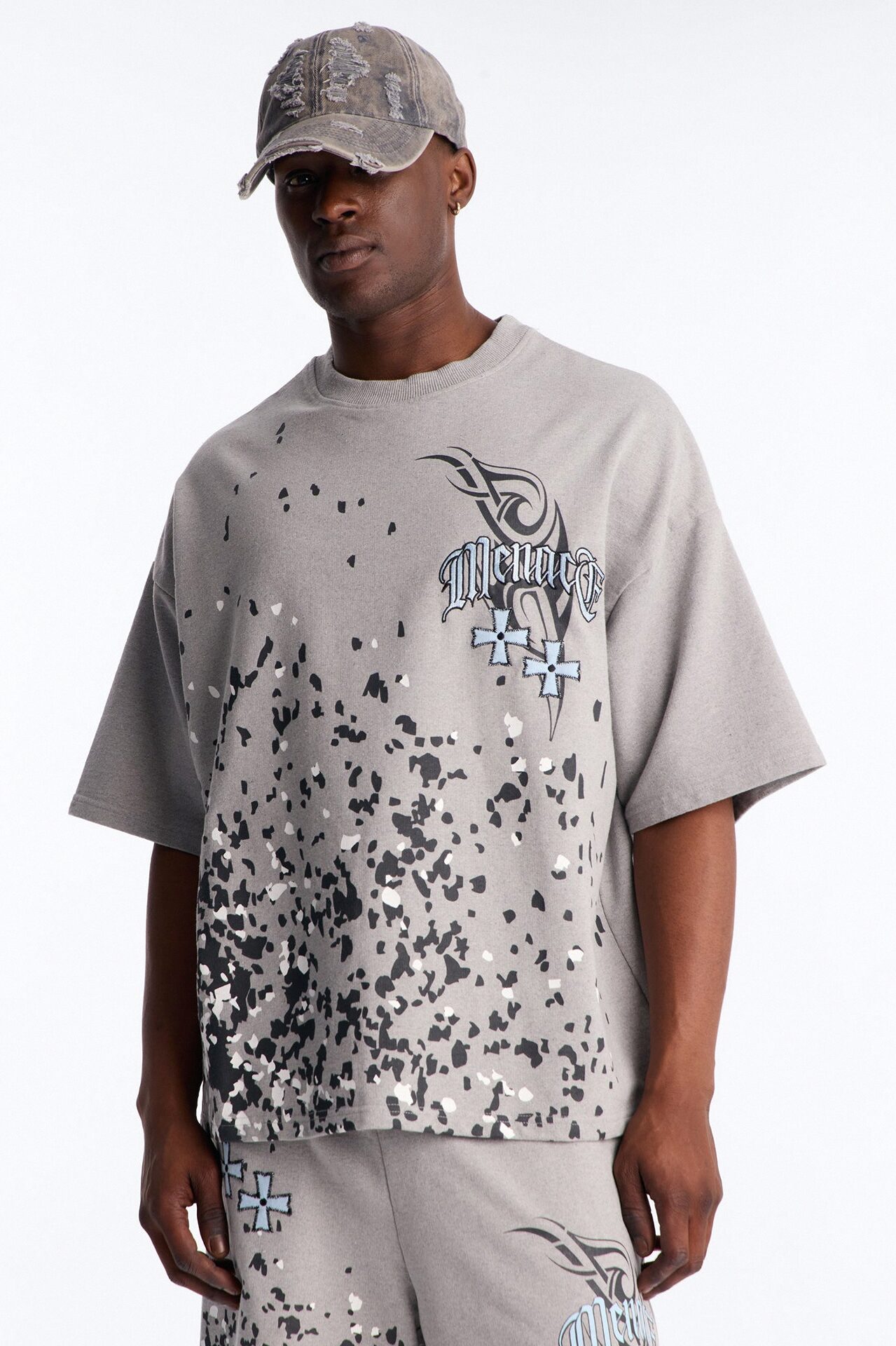 Menace Paint Splatter Embroidered Oversized French Terry Tee - Grey