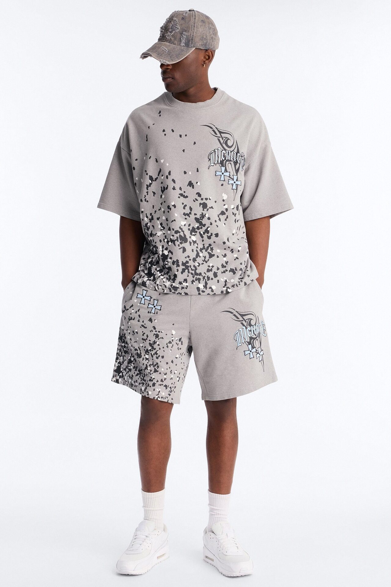 Menace Paint Splatter Embroidered Relaxed Sweatshort - Grey