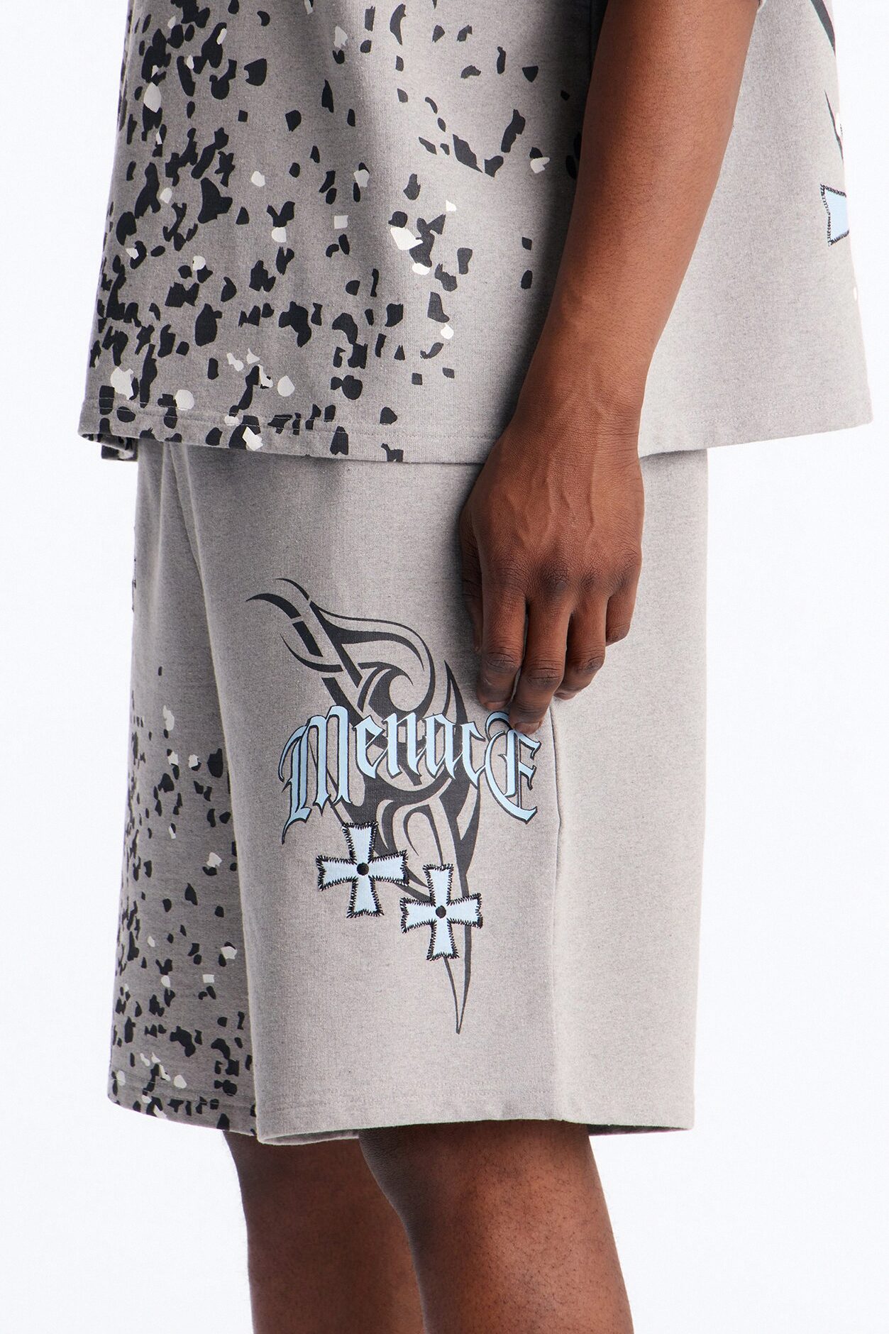 Menace Paint Splatter Embroidered Relaxed Sweatshort - Grey