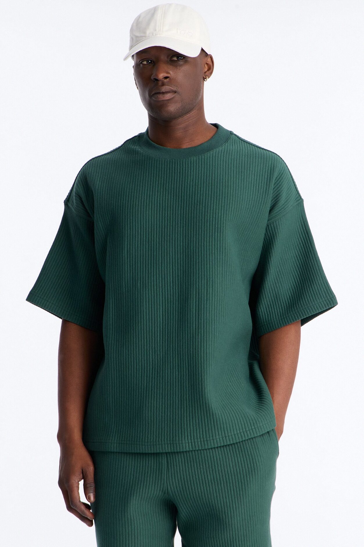 Textured Oversized Short Sleeve Fleece Tee - Hunter Green