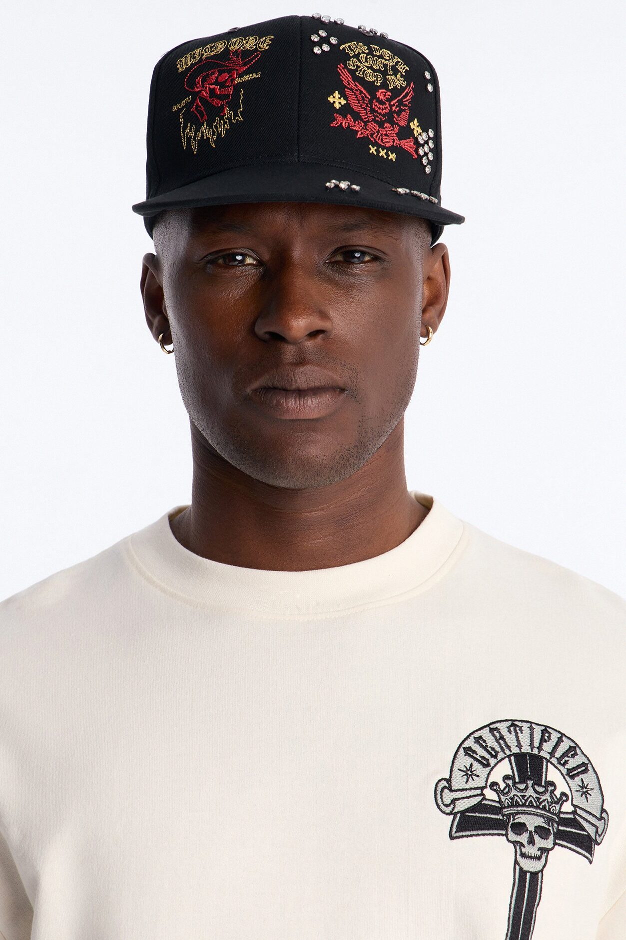 Rhinestone Graphic Embroidered Snapback Hat - Black