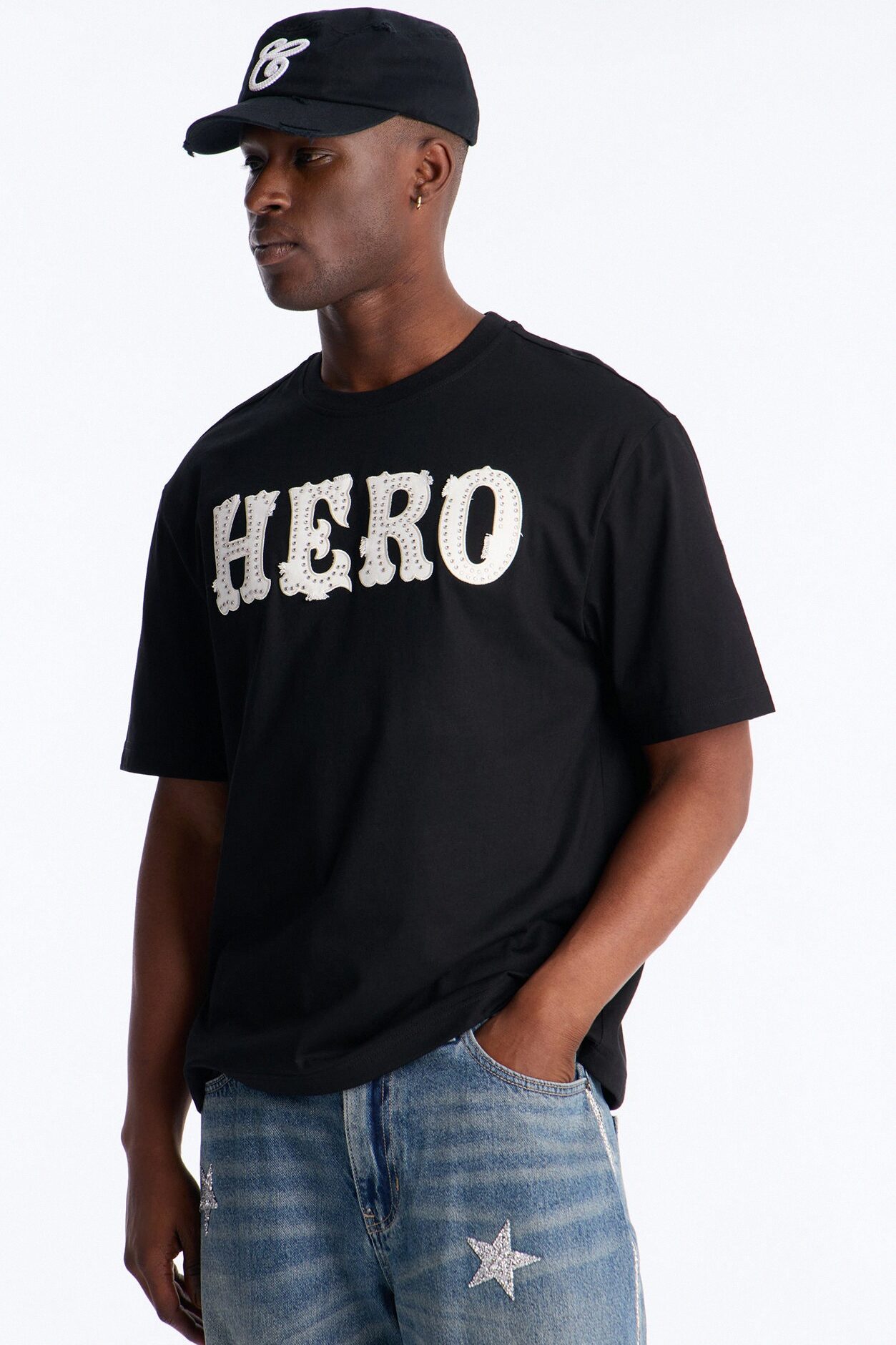 Oversized Hero Rhinestone Patch Short Sleeve Tee - Black