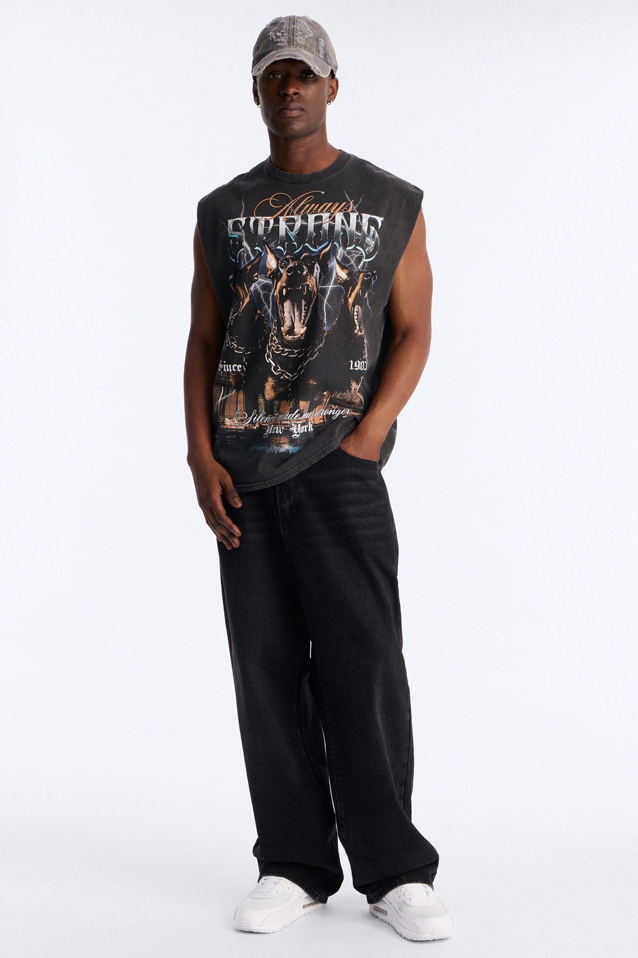 NYC Strong Vintage Oversized Muscle Tee - Black Wash