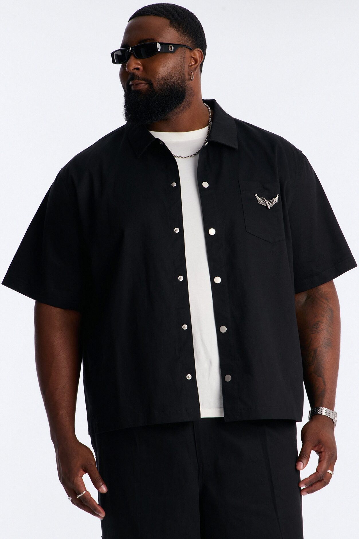 Relaxed Winged Viper Button Up Shirt - Black