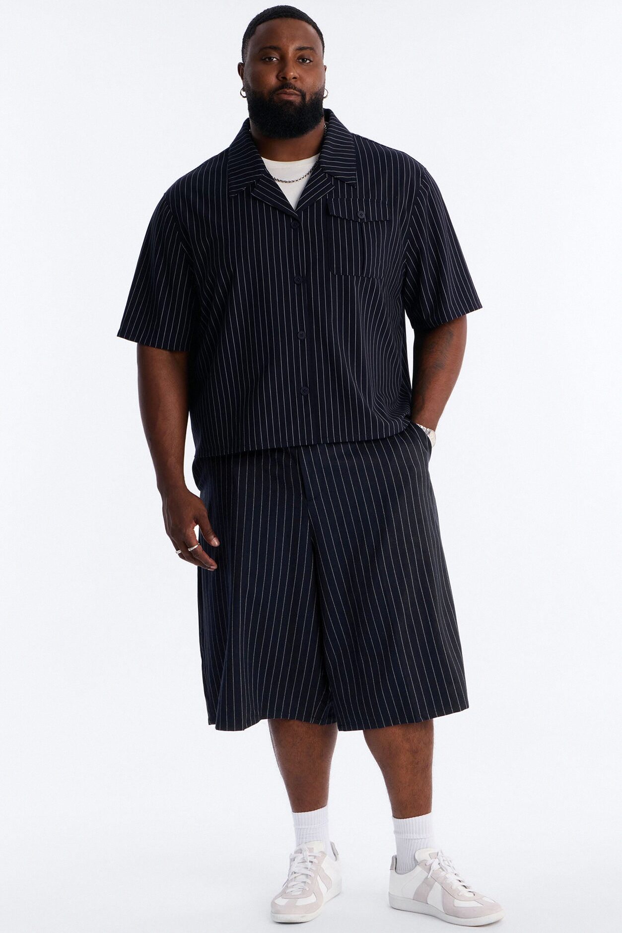 Maison Tailored Refined Stripe Button Up Shirt - Navy