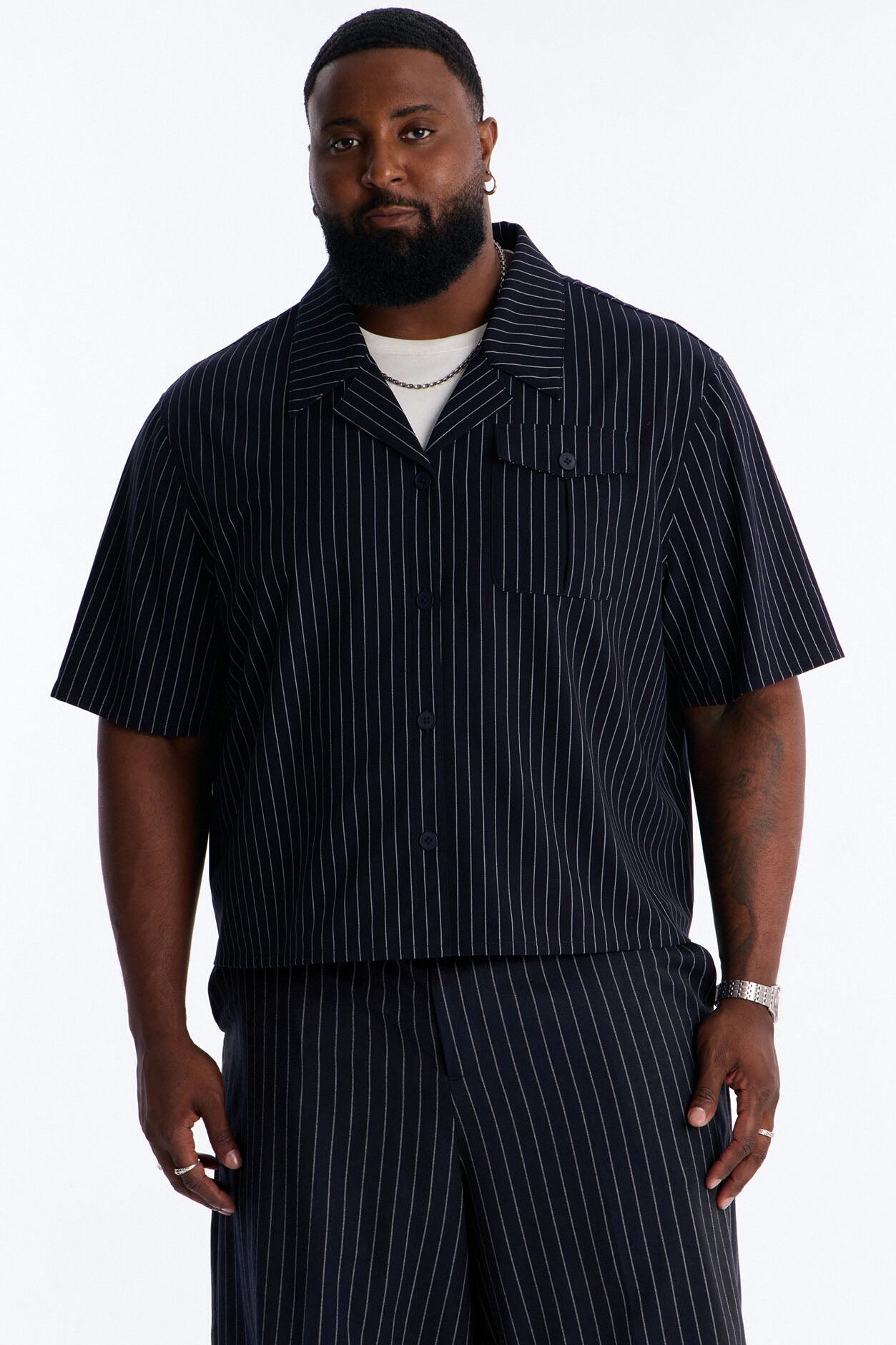 Maison Tailored Refined Stripe Button Up Shirt - Navy
