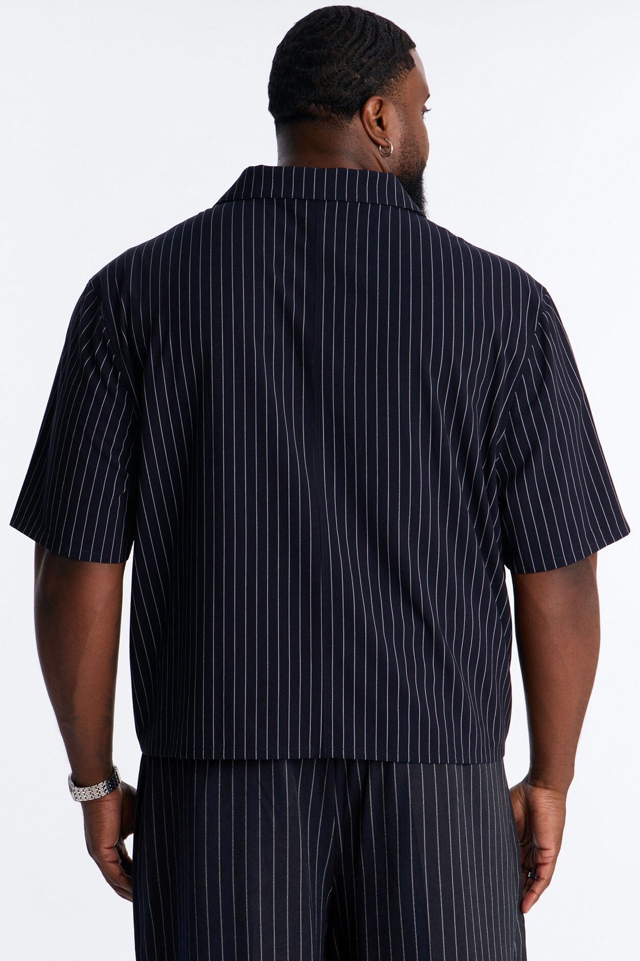 Maison Tailored Refined Stripe Button Up Shirt - Navy