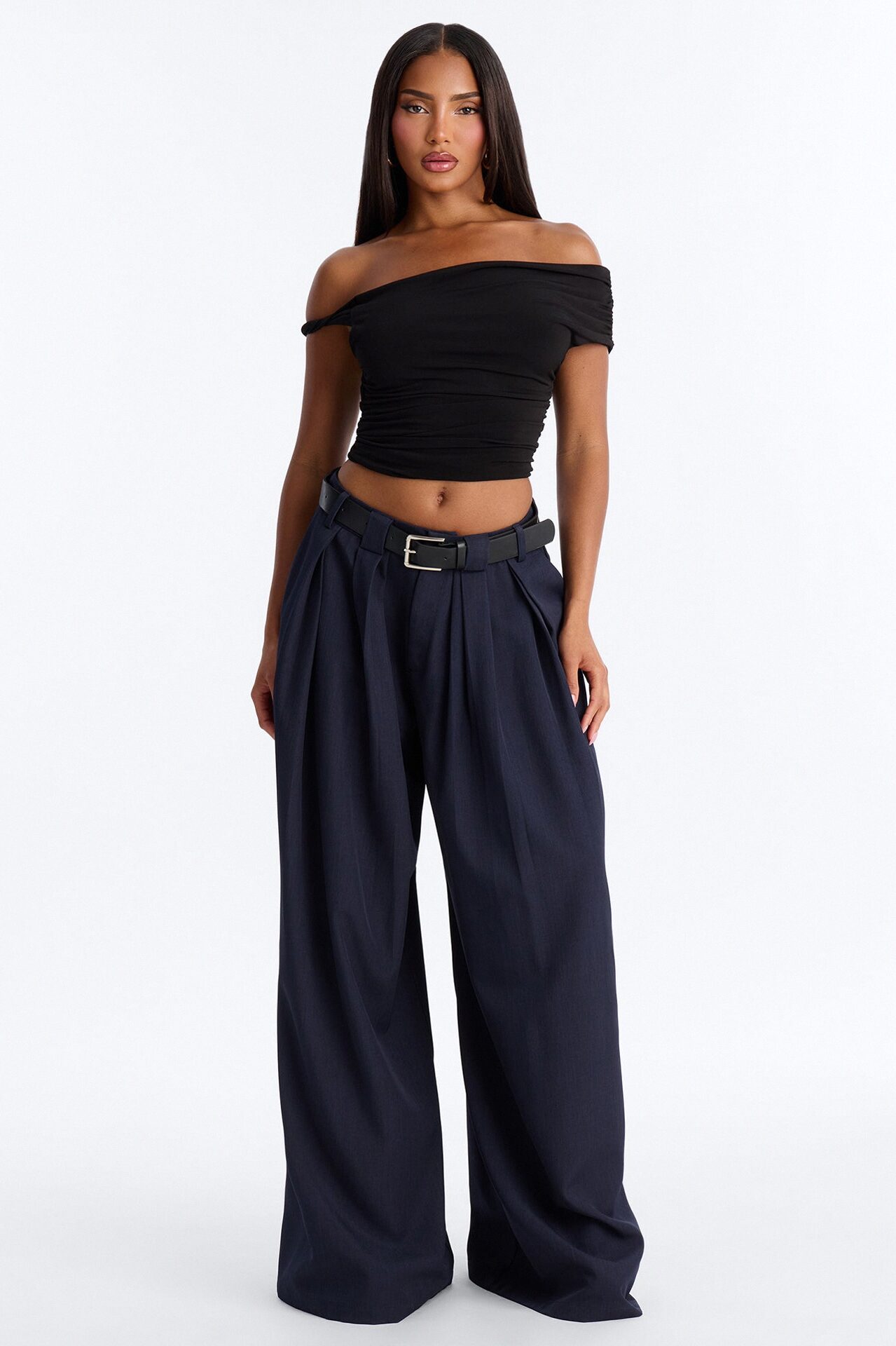No Brainer Belted Wide Leg Pleated Pant - Navy
