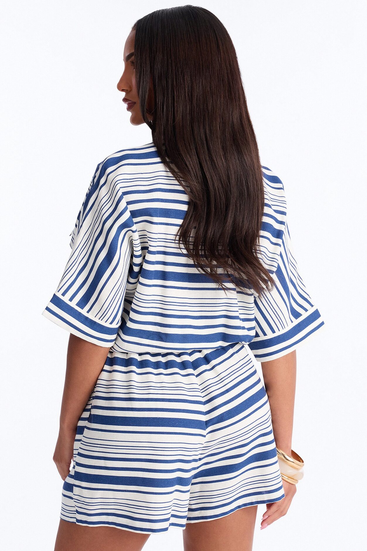 Stilia Striped Collar Linen Romper - Navy