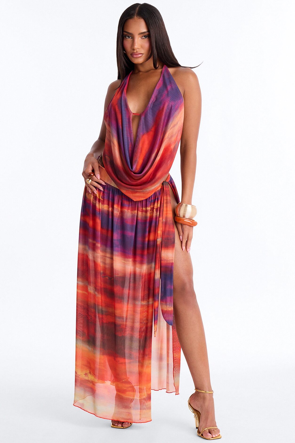 Tropical Heatwave Halter Mesh Skirt Set - Red/combo