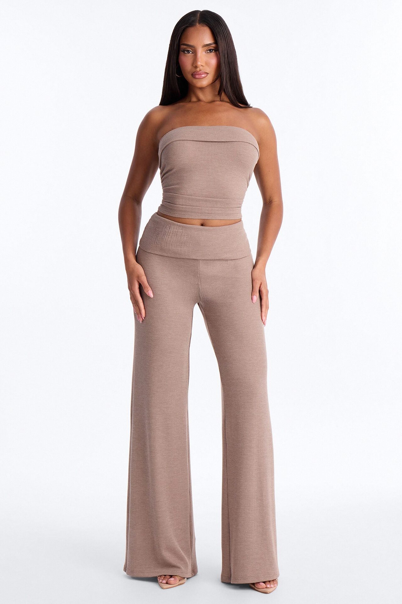 Megan Waffle Knit Foldover Waist Pant Set - Mocha