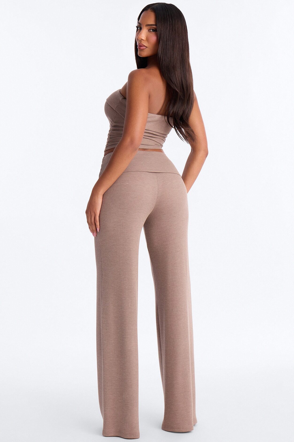Megan Waffle Knit Foldover Waist Pant Set - Mocha