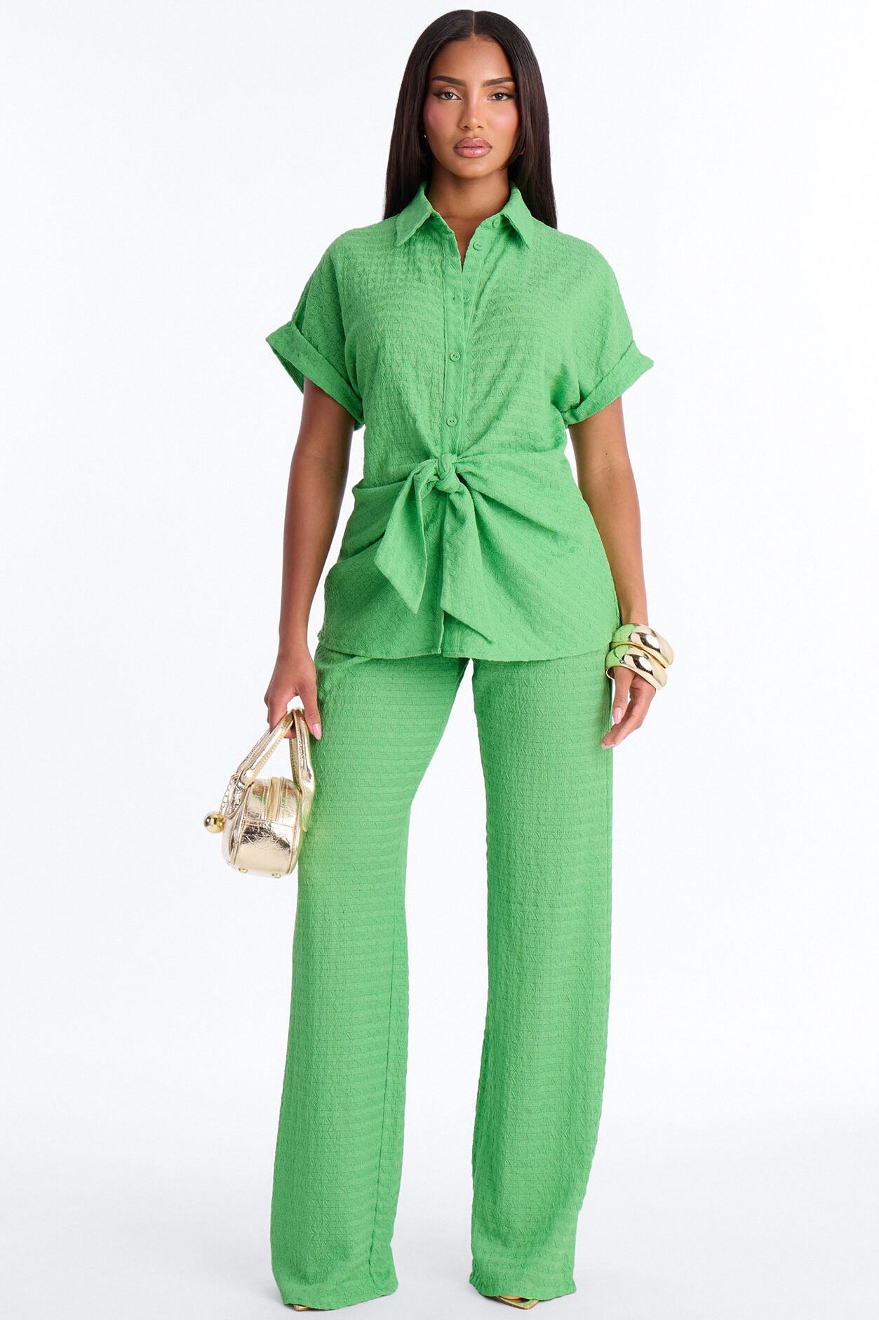 Ainsley Textured Tie Front Pant Set - Green