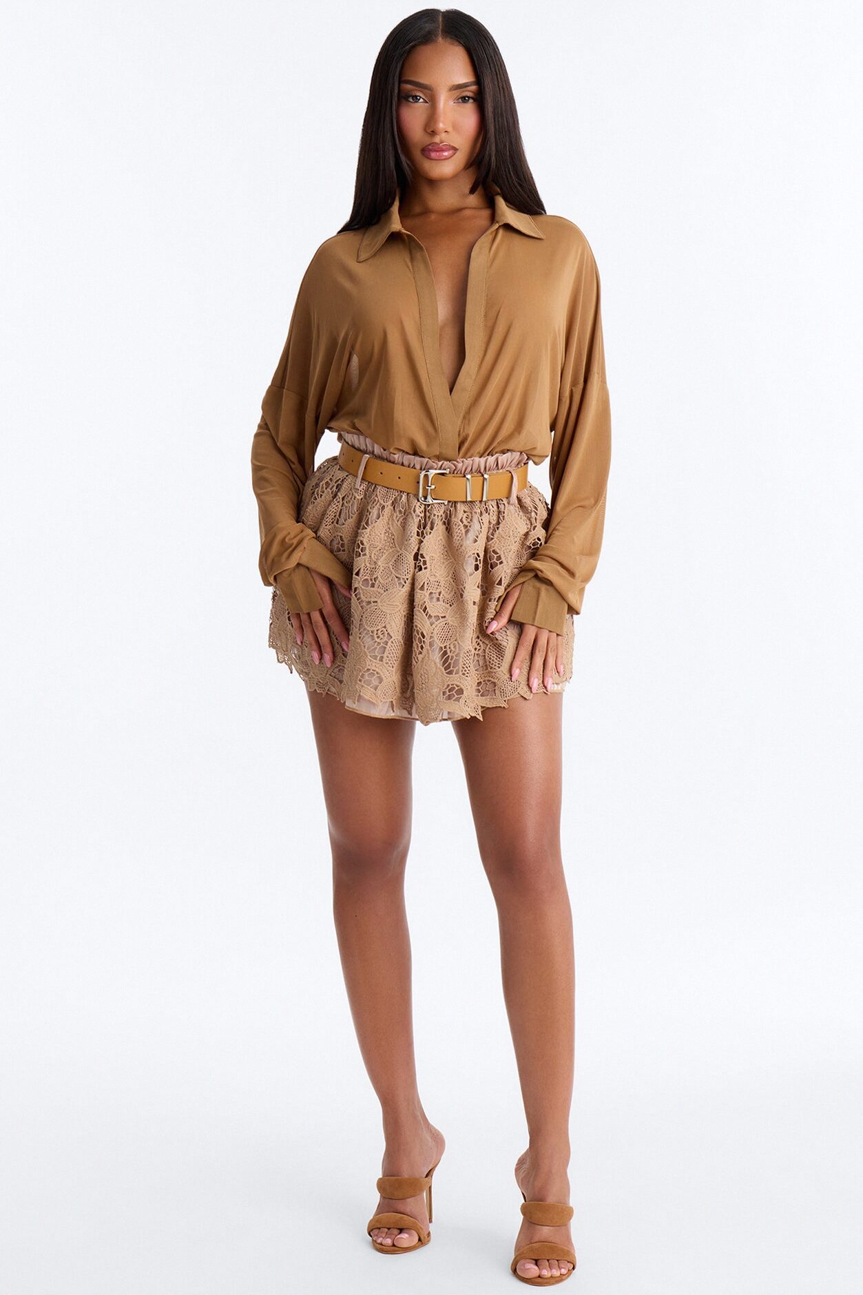 Taryn Sheer Mesh Long Sleeve Bodysuit - Mocha