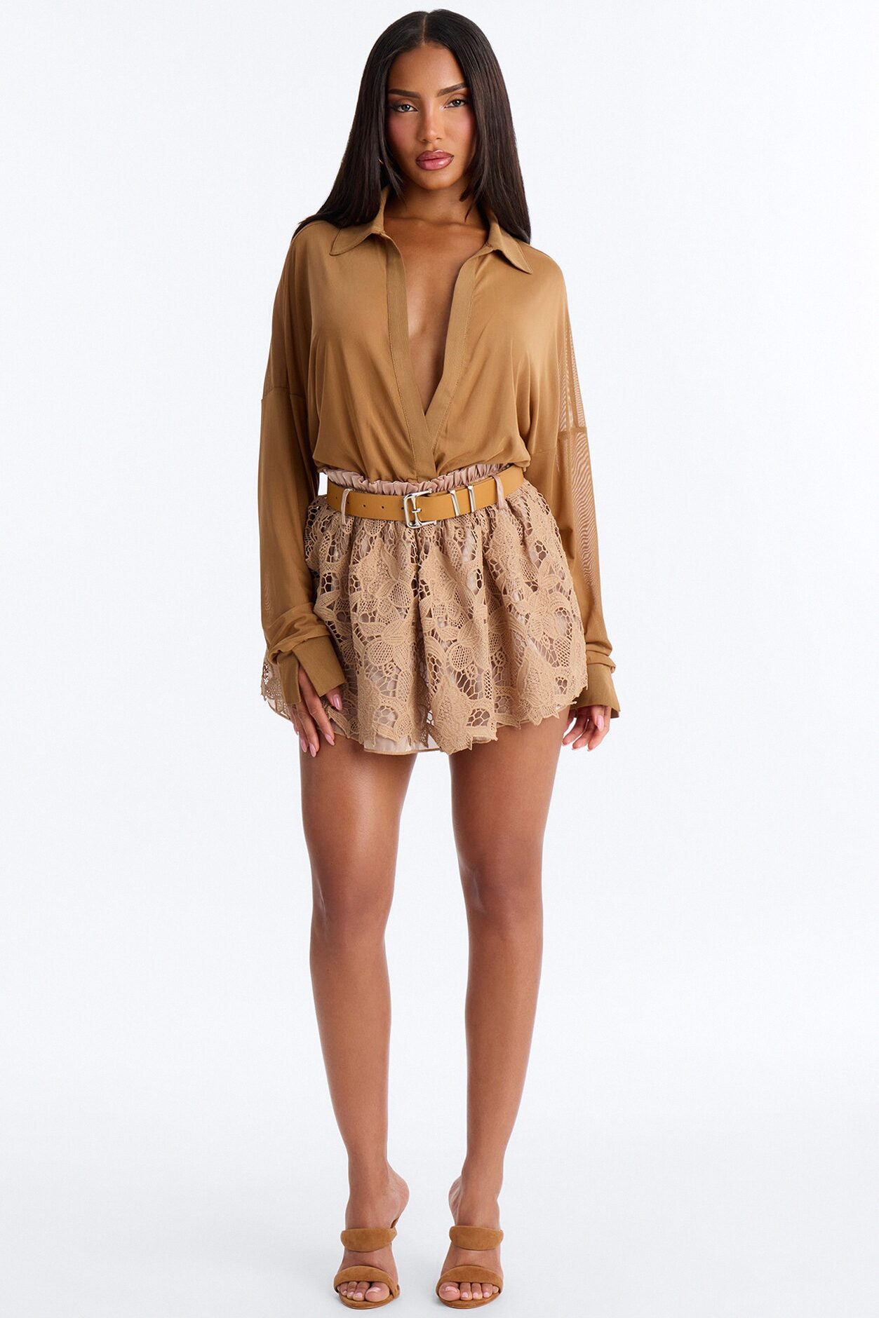 Delvina Lace Belted Mini Skirt - Beige