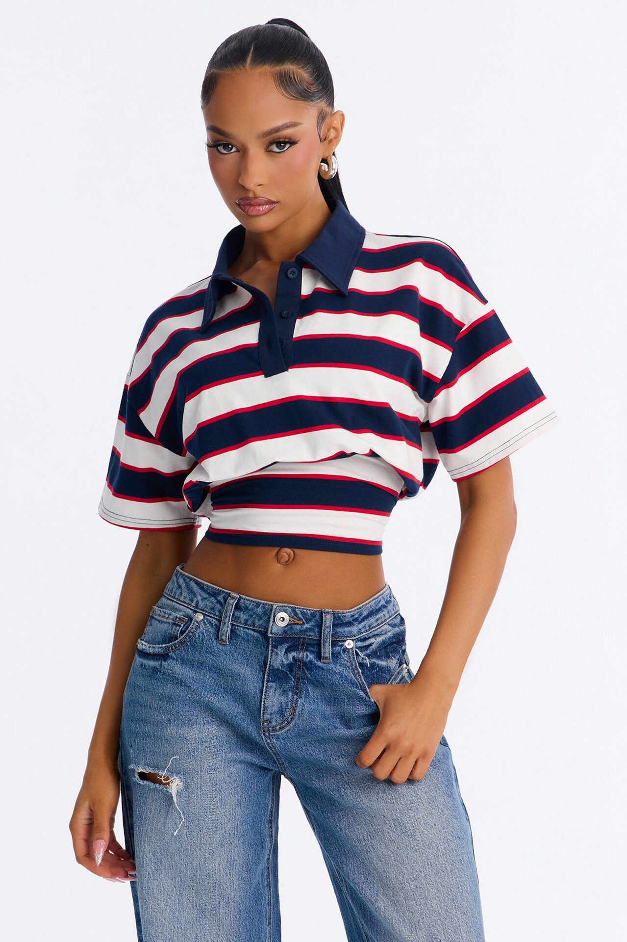 Caroline Striped Sinched Waist Short Sleeve Polo - Navy/combo