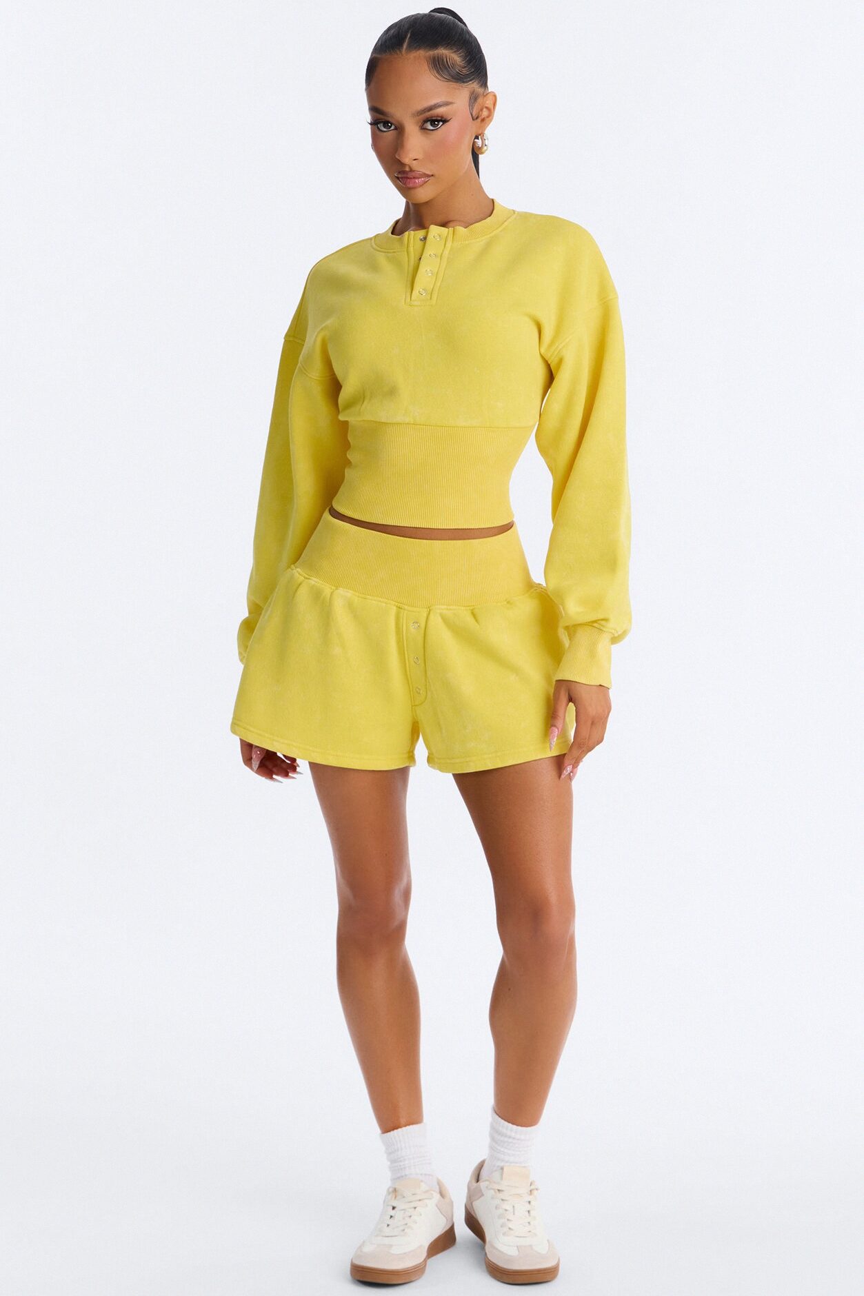 Reese Cinched Waist Fleece Short Set - Yellow